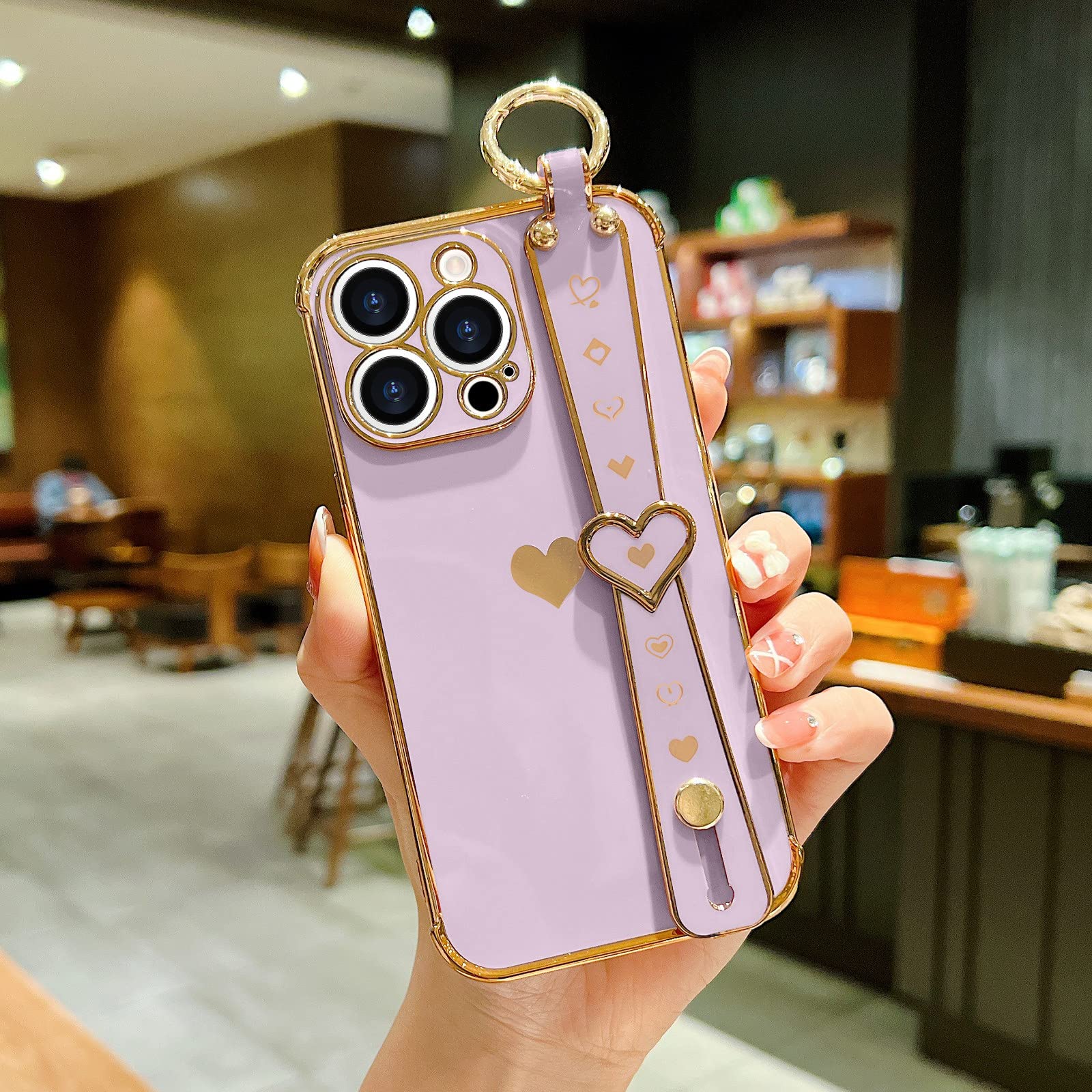 Llz.Coque For Iphone 13 Pro Case Cute Love Heart Plating Wristband Phone Cover For Women Girls Bling Soft Silicone Camera Lens P