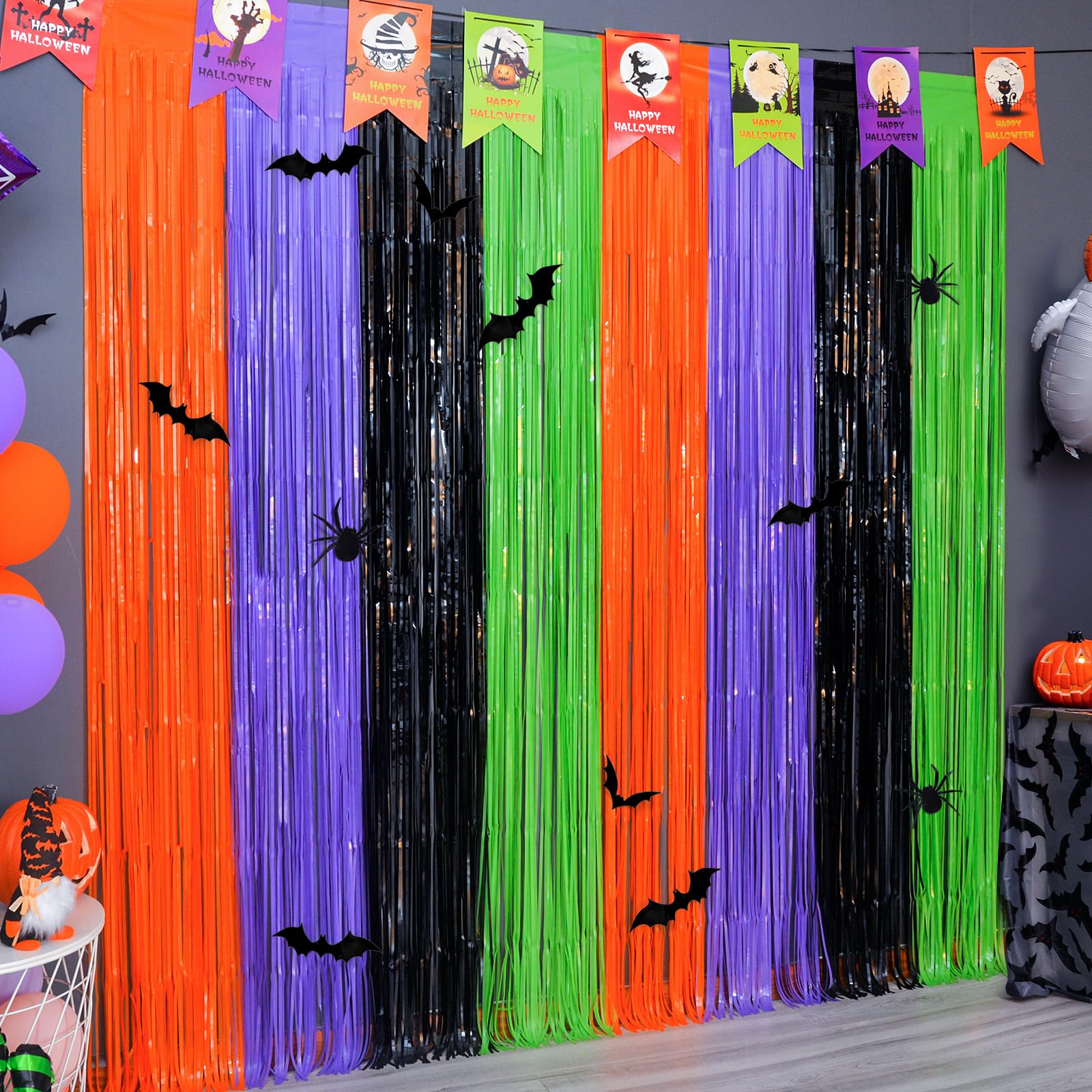 Mega L Halloween Party Decorations, 2 Packs Orange Purple Black Green Photo Booth Props, 3.3 X 6.6 Ft Halloween Foil Fringe Curt