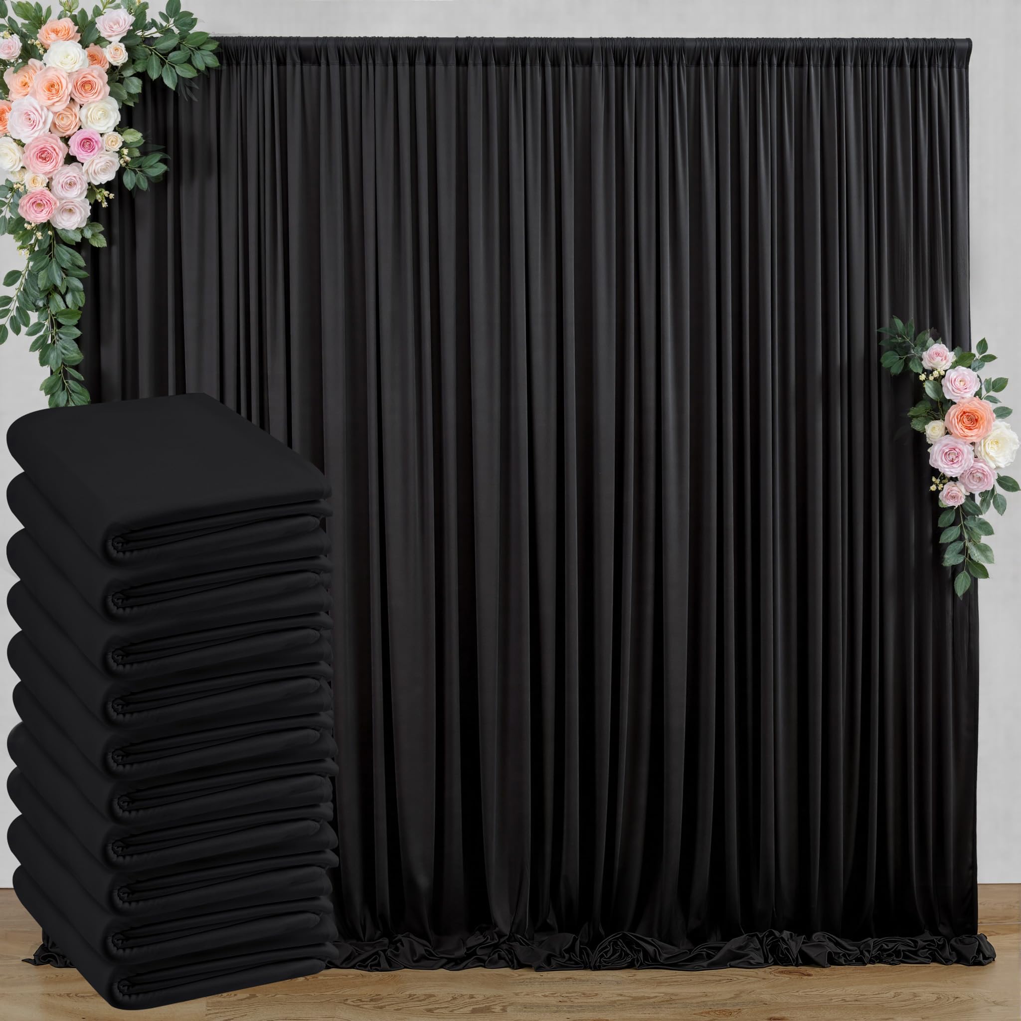 50 ft x 10 ft Wrinkle Free Black Backdrop Curtain for Parties, 10 Panels Polyester Black Photo Backdrop Drapes for Graduation Bi