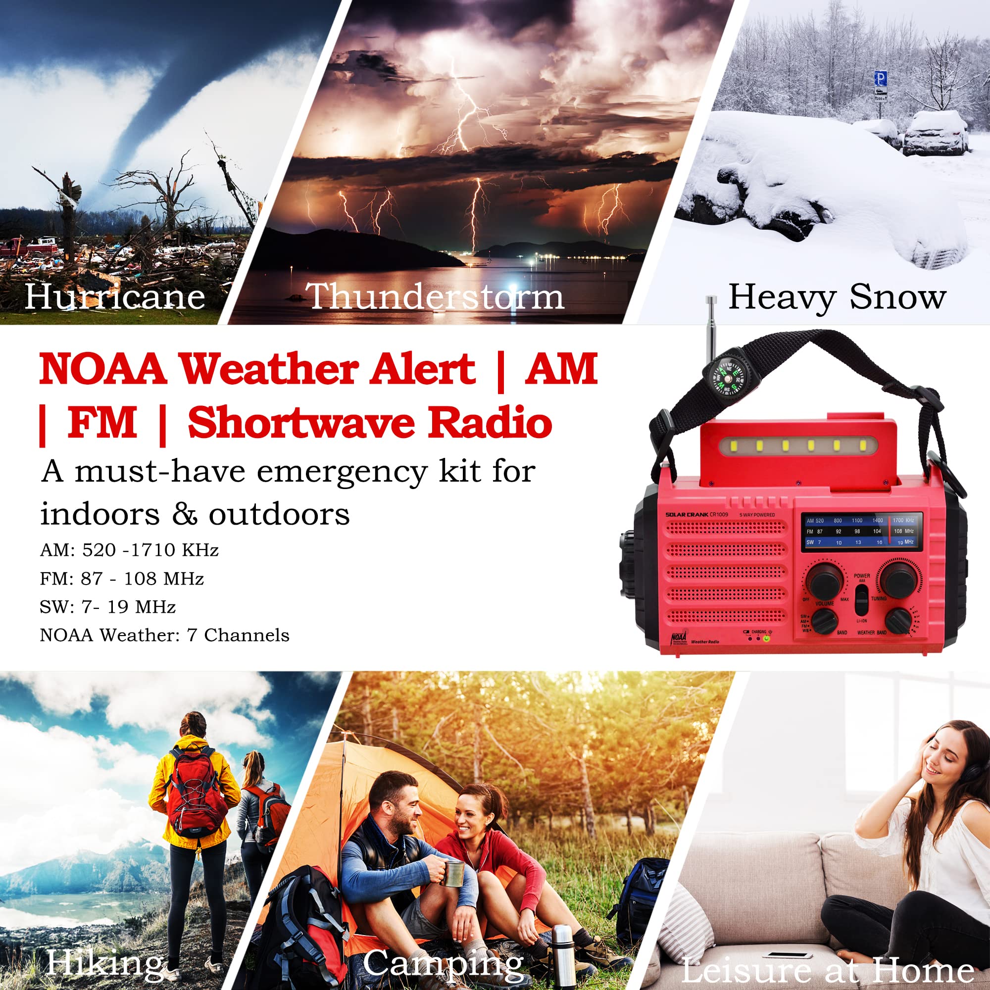 Emergency Solar Hand Crank Radio,Am/Fm/Sw Noaa Portable Weather Alert Radio With Flashlight,Reading Lamp,Phone Charger,Rechargea