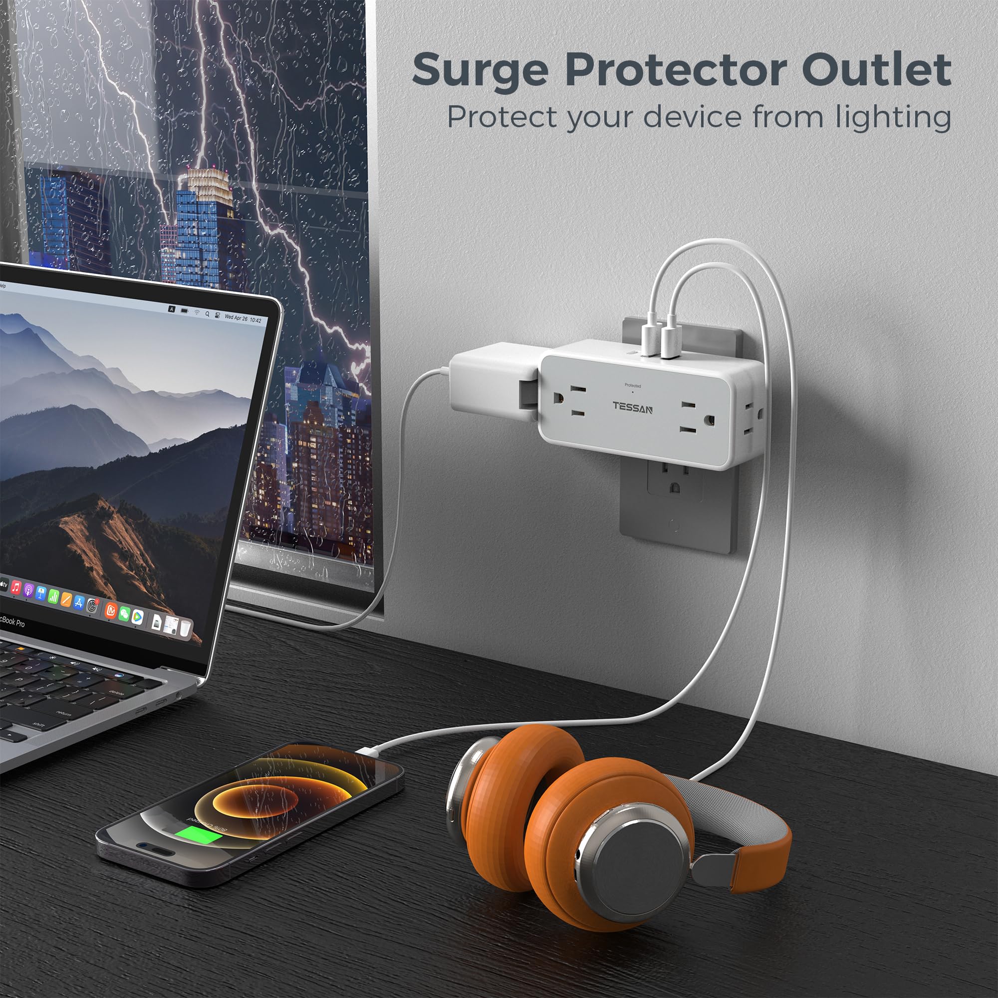 Multi Plug Outlet Splitter, Tessan 4 Wall Outlet Extender With 3 Usb Wall Charger(1 Usb C), Surge Protecter 900J, Widely Spaced