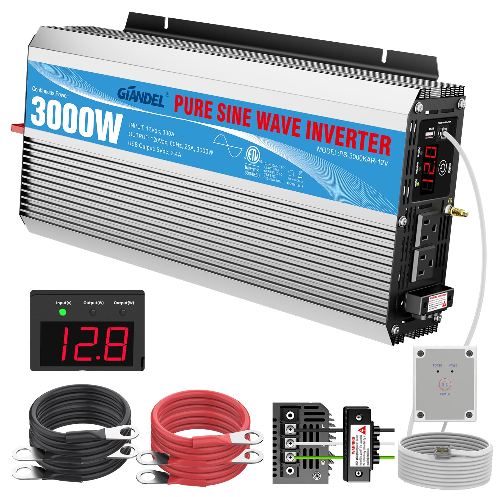3000Watt Pure Sine Wave Inverter 3000W 12V DC to 110V 120V AC ETL Listed UL458 STD Lithium Battery Compatible with Terminal Bloc