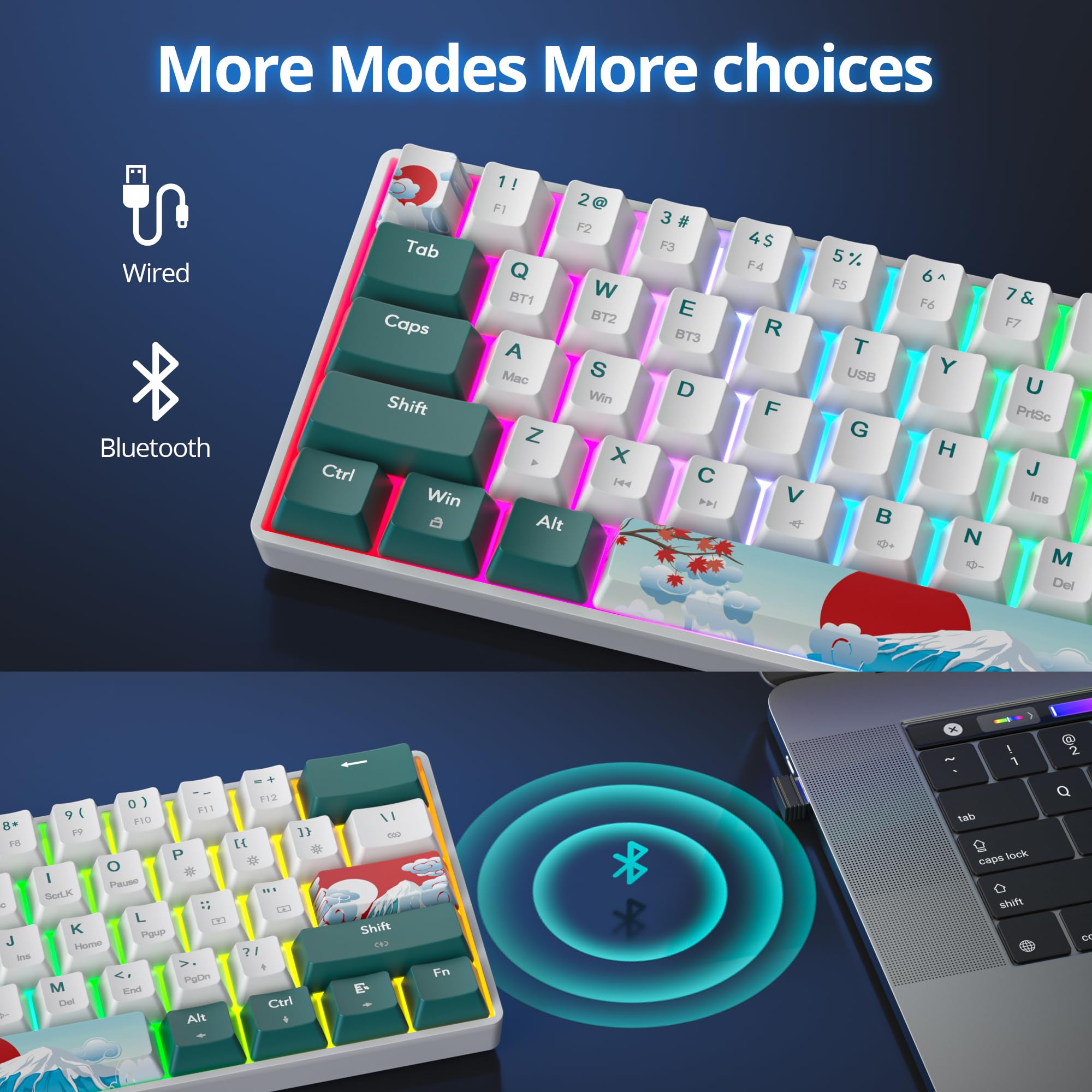 surmen Wireless 60% Gaming Keyboard, Hot Swappable RGB, Mini Bluetooth, Gateron Red Switch, Green 61, USB-C, for Windows/Mac
