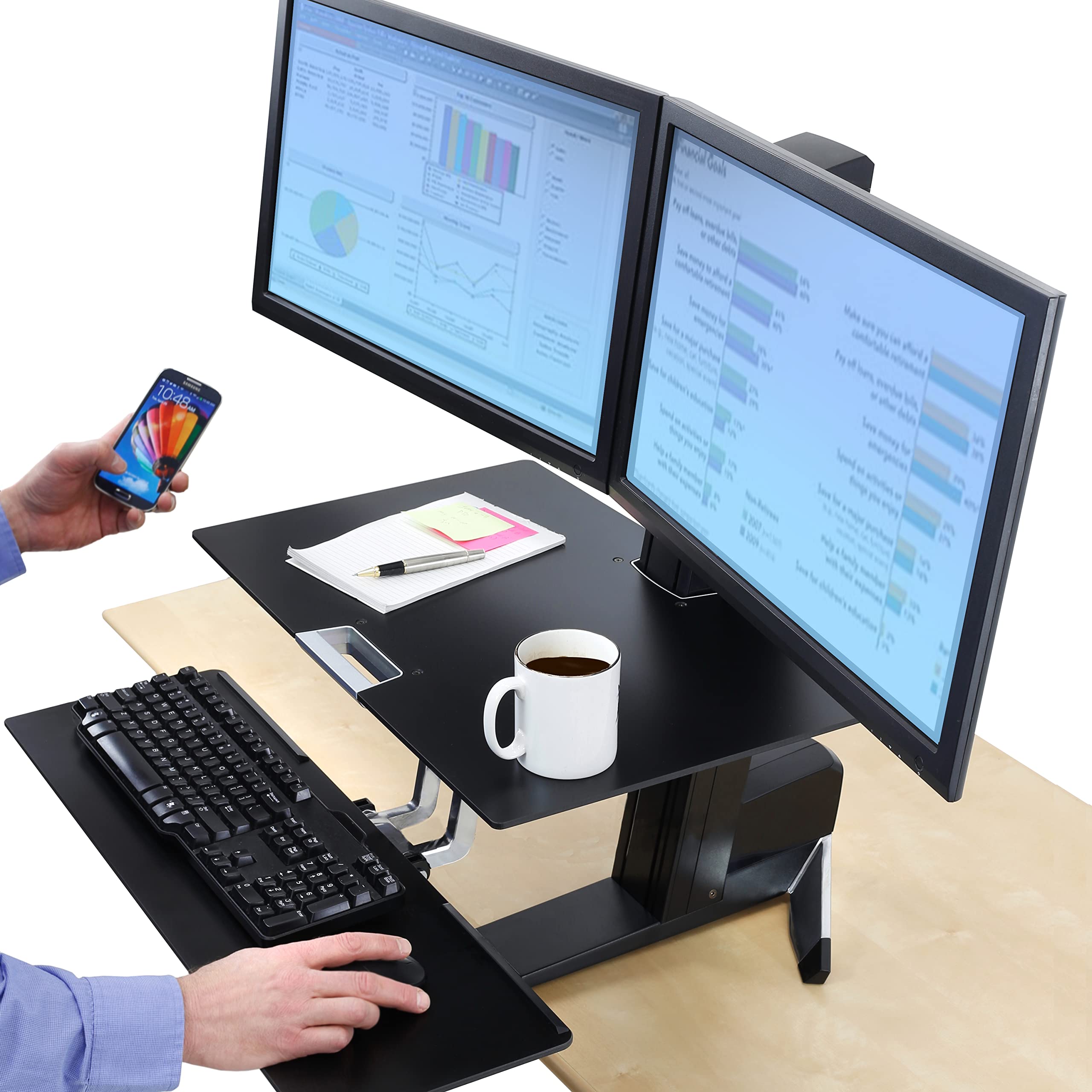 Ergotron WorkFit-S Dual Monitor Desk Converter, Sit Stand Workstation with Worksurface, Black, Model 33-349-200
