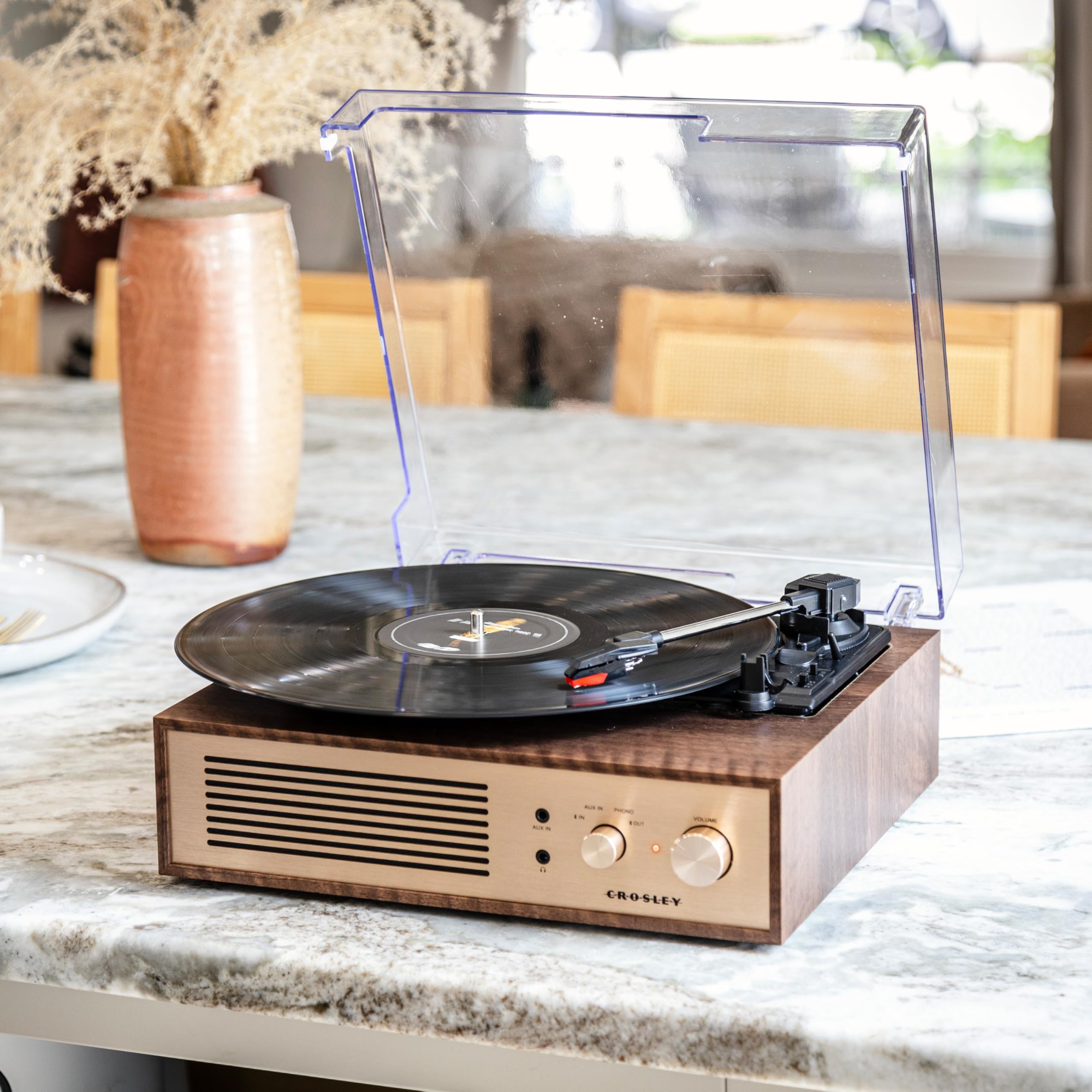 Crosley Cr6045A-Wa Miles 3-Speed Bluetooth In/Out Record Player Turntable With Built-In Speakers, Walnut