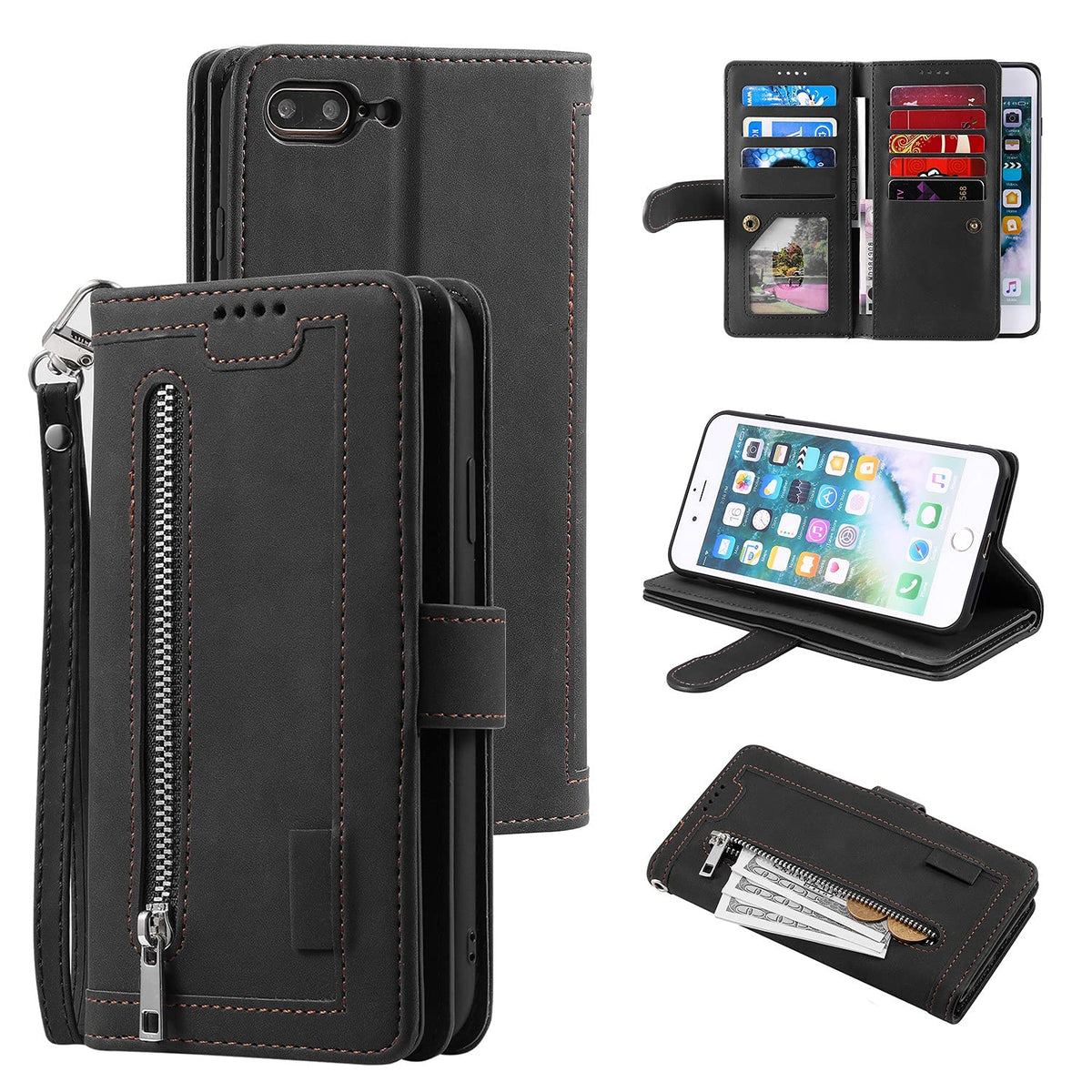 Ueebai Wallet Case For Iphone 7 Plus Iphone 8 Plus, Retro 9 Card Slots Zipper Pocket Handbag Case Pu Leather Magnetic Closure Ki