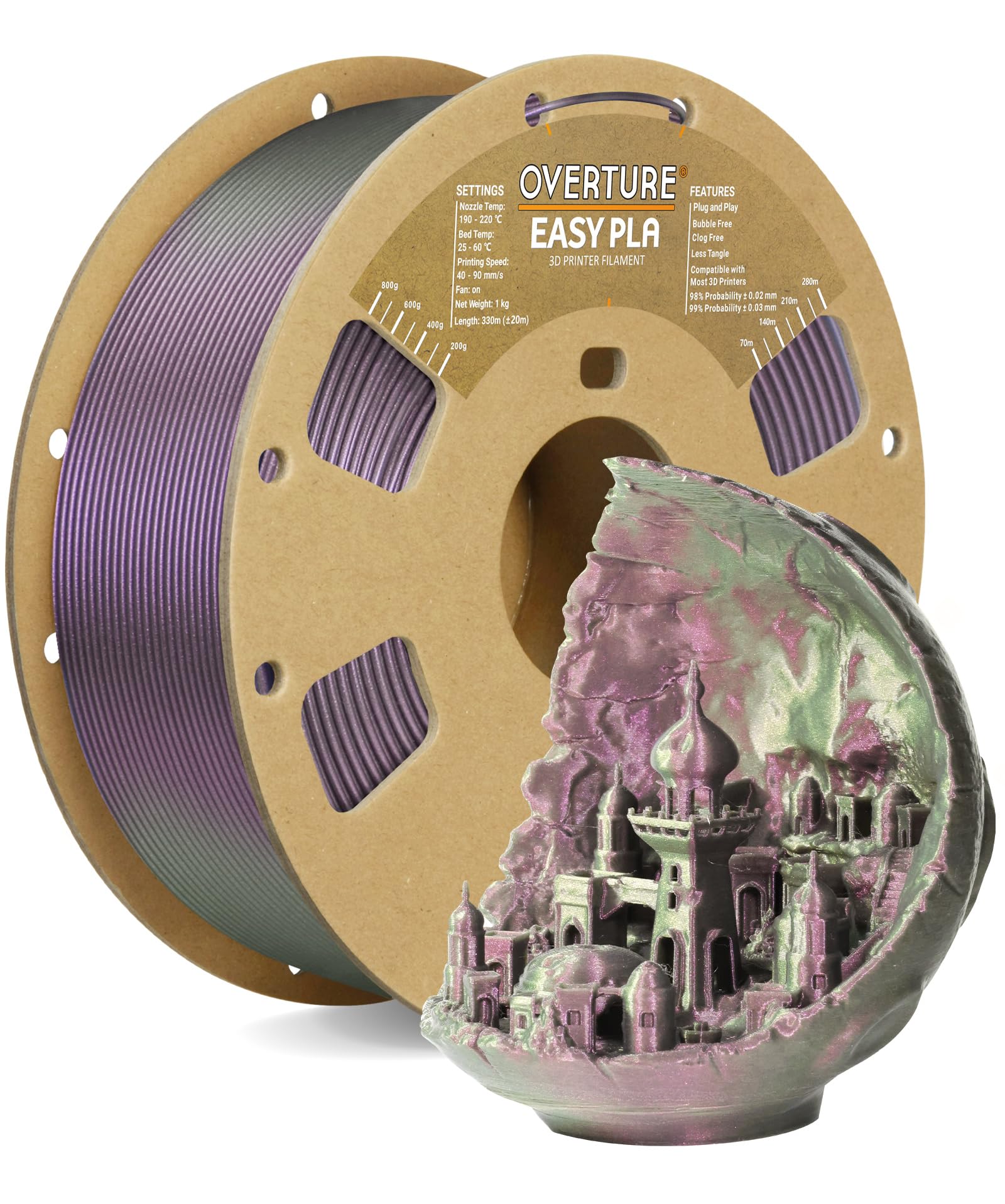 Overture Color Changeable Pla 1.75Mm 3D Printer Filament Purple Starlight Pla, 1Kg Cardboard Spool (2.2Lbs), Dimensional Accurac
