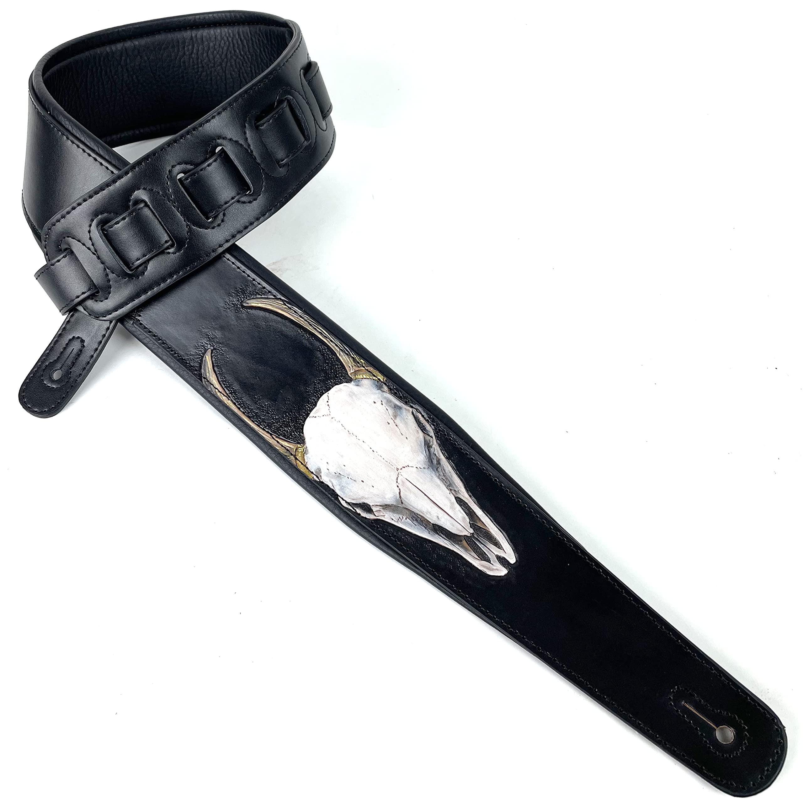 Walker And Williams Kb 61 Handmade Carved Longhorn Skull Guitar Strap On Premium Matte Black Leather For Acoustic, Electric, And