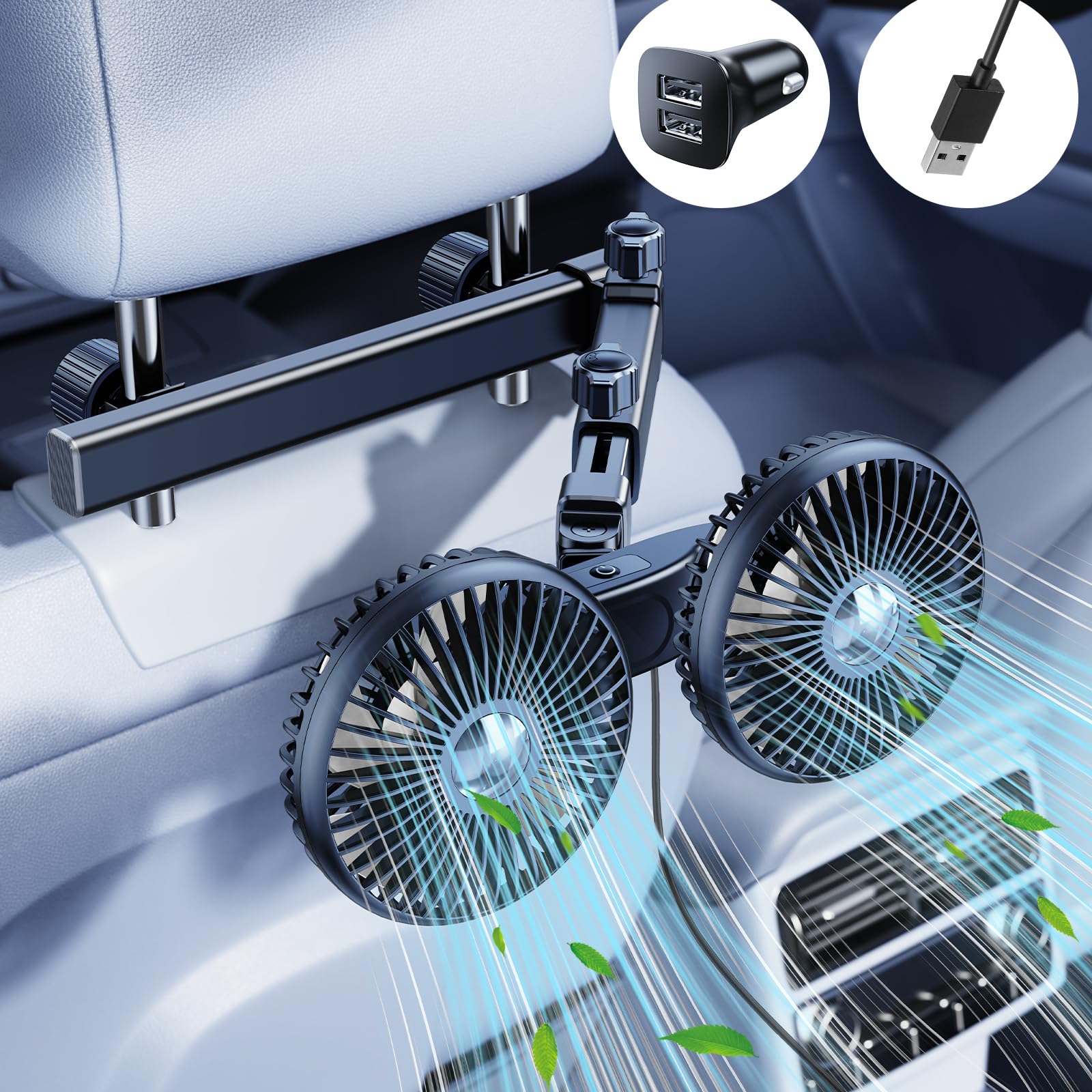 Dicmky Dual Head Car Cooling Fan For Back Seat With Extension Long Arm, 5V Usb Powered Car Seat Headrest Fan For Baby Rear Facin