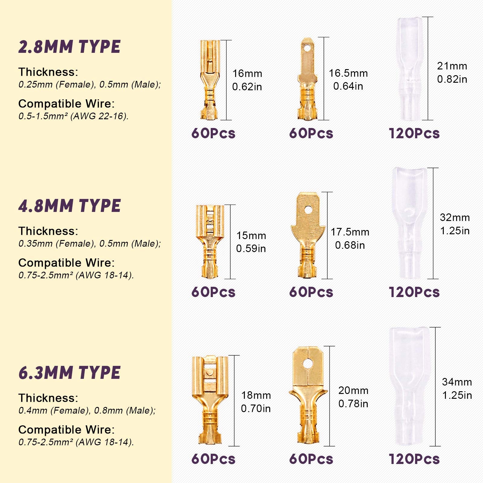 Swpeet 720Pcs Gold 2.8/4.8/6.3Mm Male And Female Spade Quick Connectors Wire Crimp Terminal Block With Insulating Sleeve Assortm