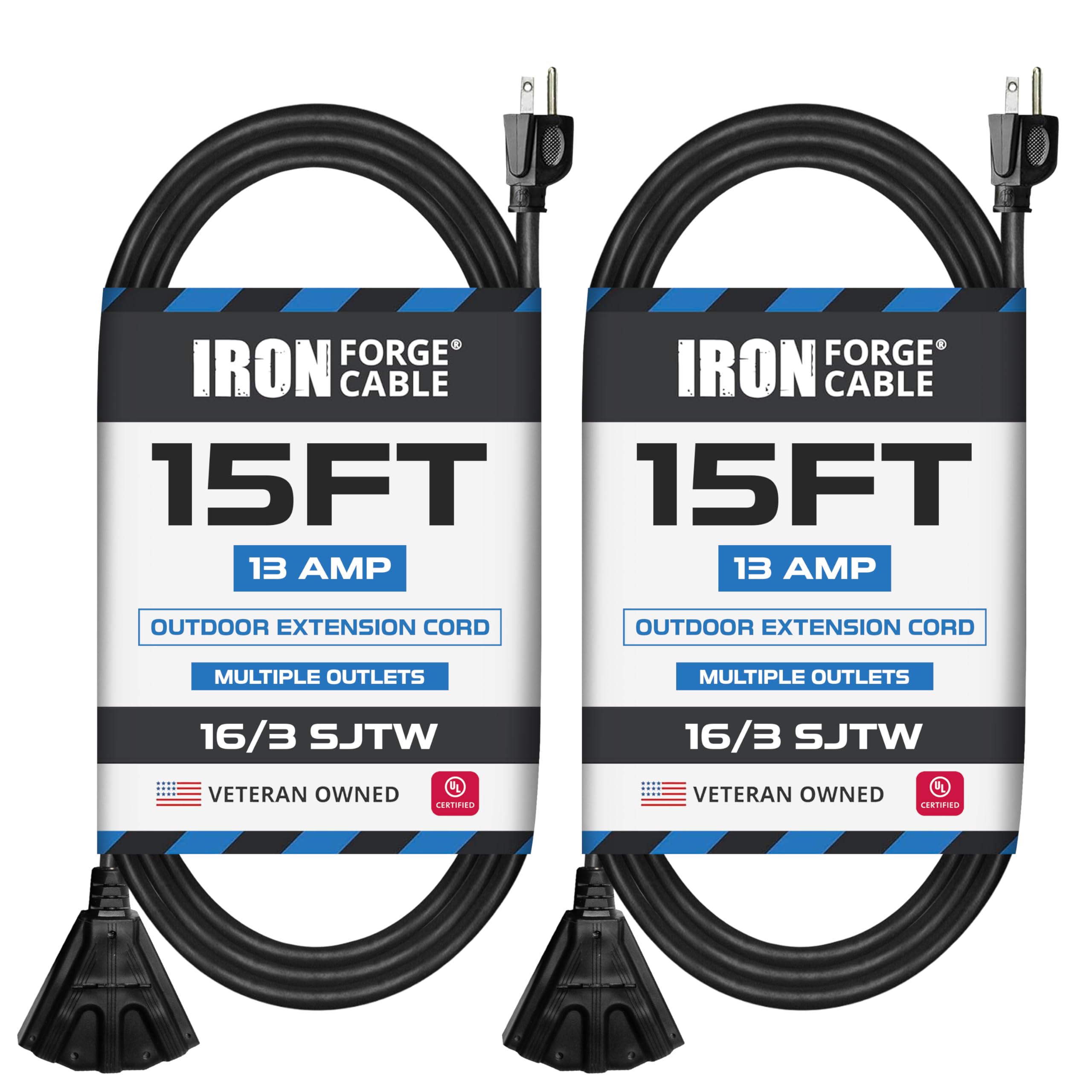 Iron Forge Cable 3 Outlet Outdoor Extension Cord 15 Ft 2 Pack   16 Gauge 13 Amp Heavy Duty Power Extension Cords 3 Prong   Sjtw