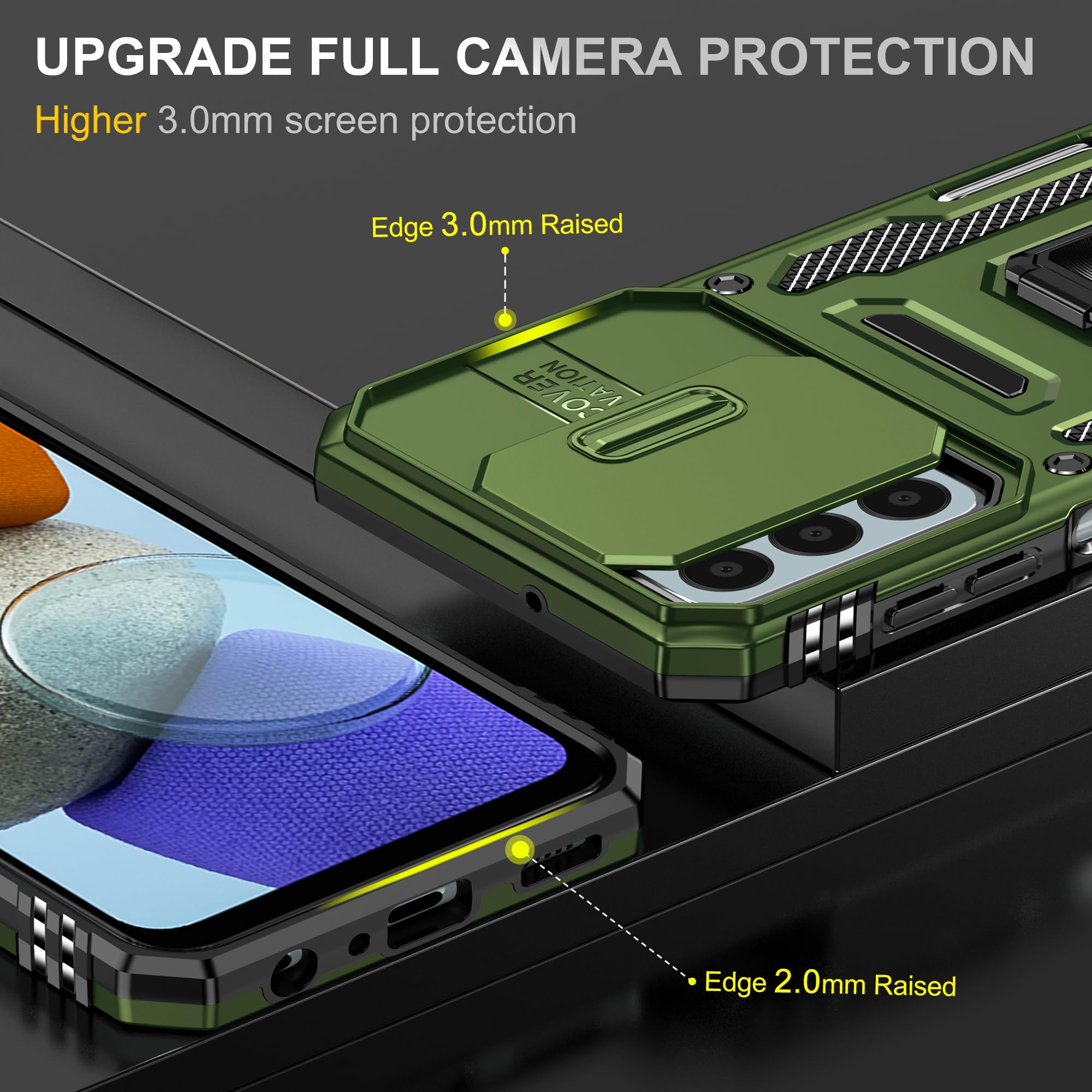 Samsung Galaxy A15 5G Case With Slide Camera Cover + Screen Protector(2 Packs), Rotated Ring Kickstand Military Grade Shockproof