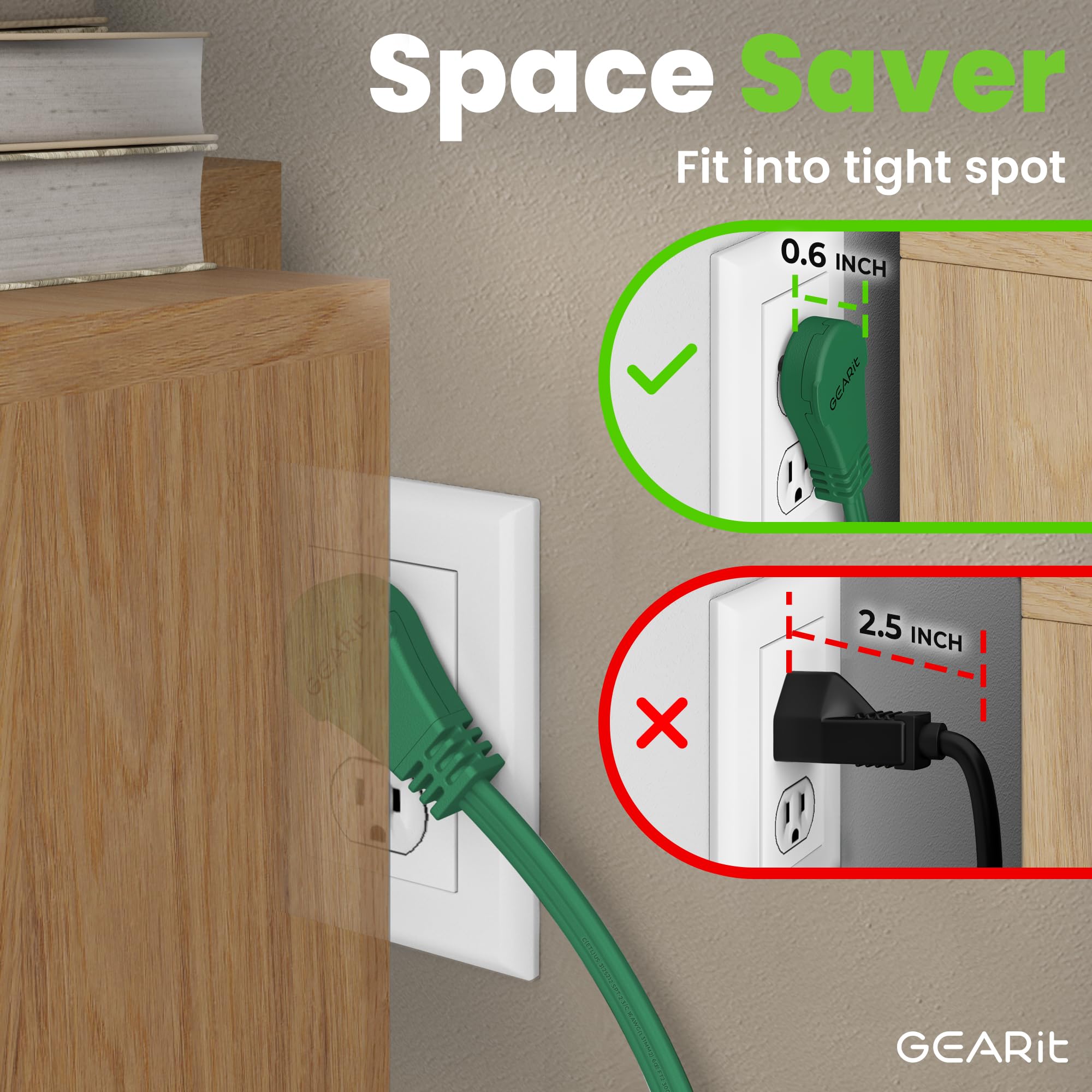 Gearit 360 Rotating Flat Plug Extension Cord With 3 Outlets (10Ft, Green) 16Awg/13A 3 Prong Wire, Outlet Saver For Home Office D