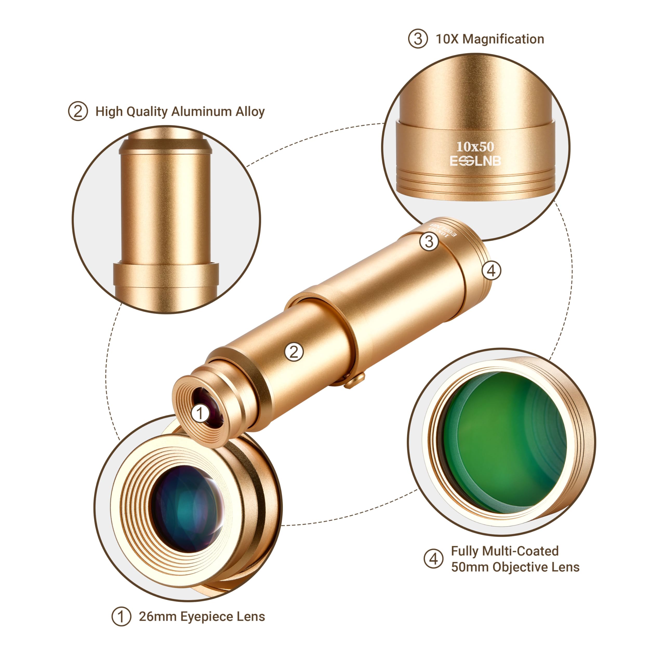 Esslnb Pirate Monocular Telescope, 10X50 Handheld Collapsible Brass Telescope For Kids & Adults, Zoomable Portable Waterproof Sp