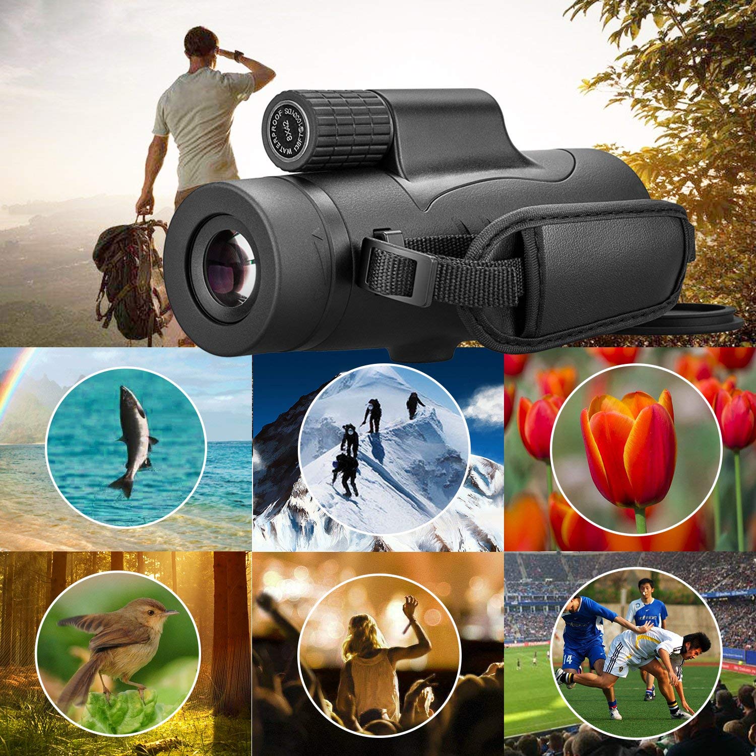 Monocular Telescope High Power 8X42 Monoculars Scope Compact Waterproof Fogproof Shockproof With Hand Strap For Adults Kids Bird