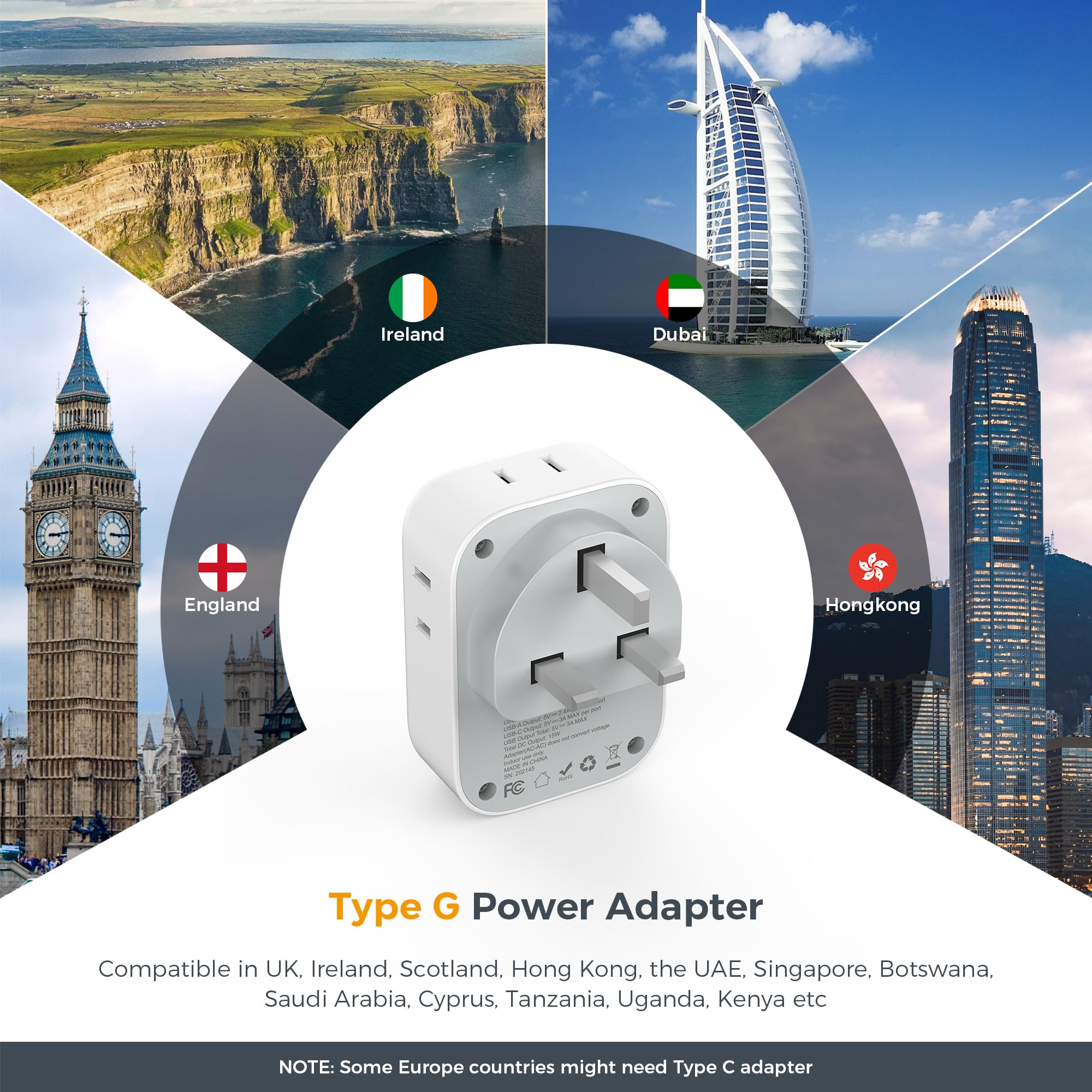 Us To Uk Plug Adapter 3 Pack, Tessan Type G Adapter For Travel With 4 Outlets 3 Usb Charger(1 Usb C), Ireland Power Adaptor For