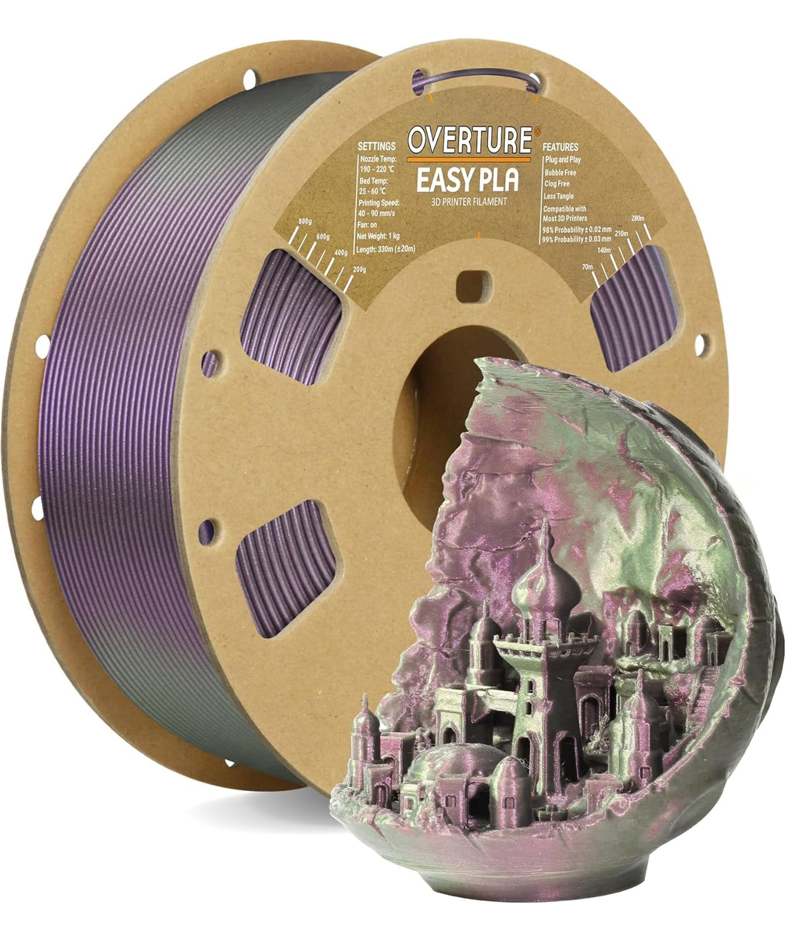 Overture Color Changeable Pla 1.75Mm 3D Printer Filament Purple Starlight Pla, 1Kg Cardboard Spool (2.2Lbs), Dimensional Accurac