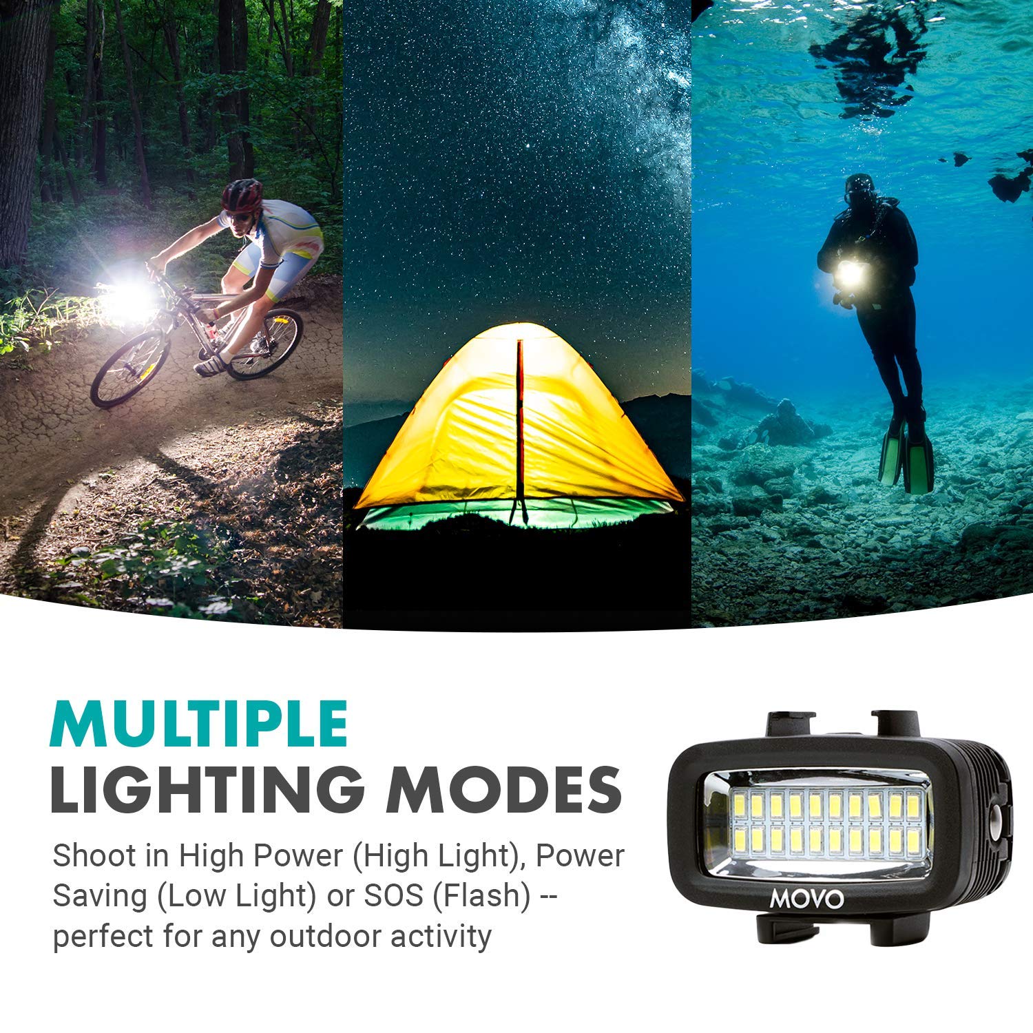 Movo Led Wp Underwater High Power Rechargeable Led Video Light With Action Camera And Shoe Mounts, Compatible With Gopro, Dslr