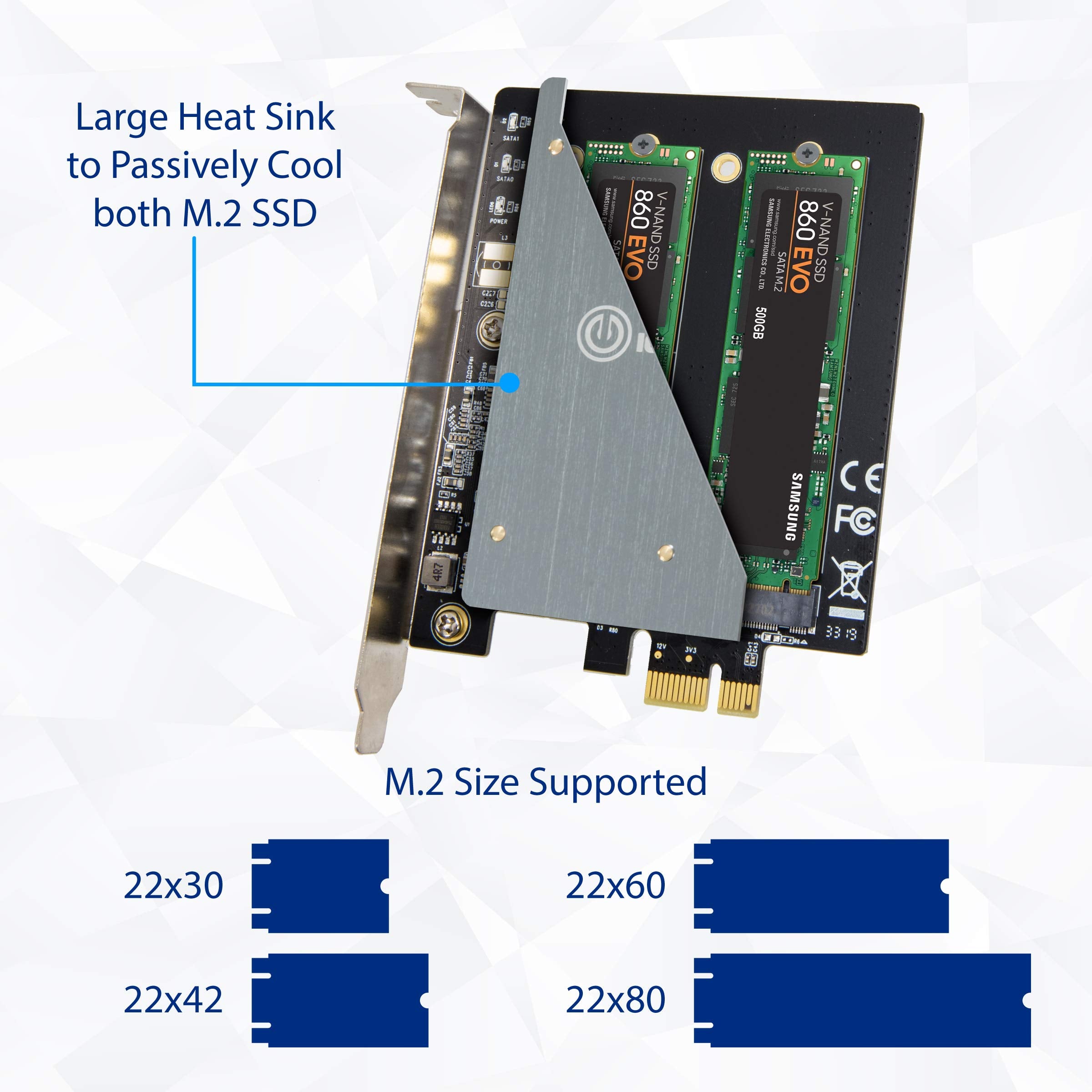 IO CREST Dual M.2 B-Key SATA SSD Converter PCI Express 3.0 x1 Expansion Card Heat Sink Jmicron JMB582 Chipset SI-PEX40153