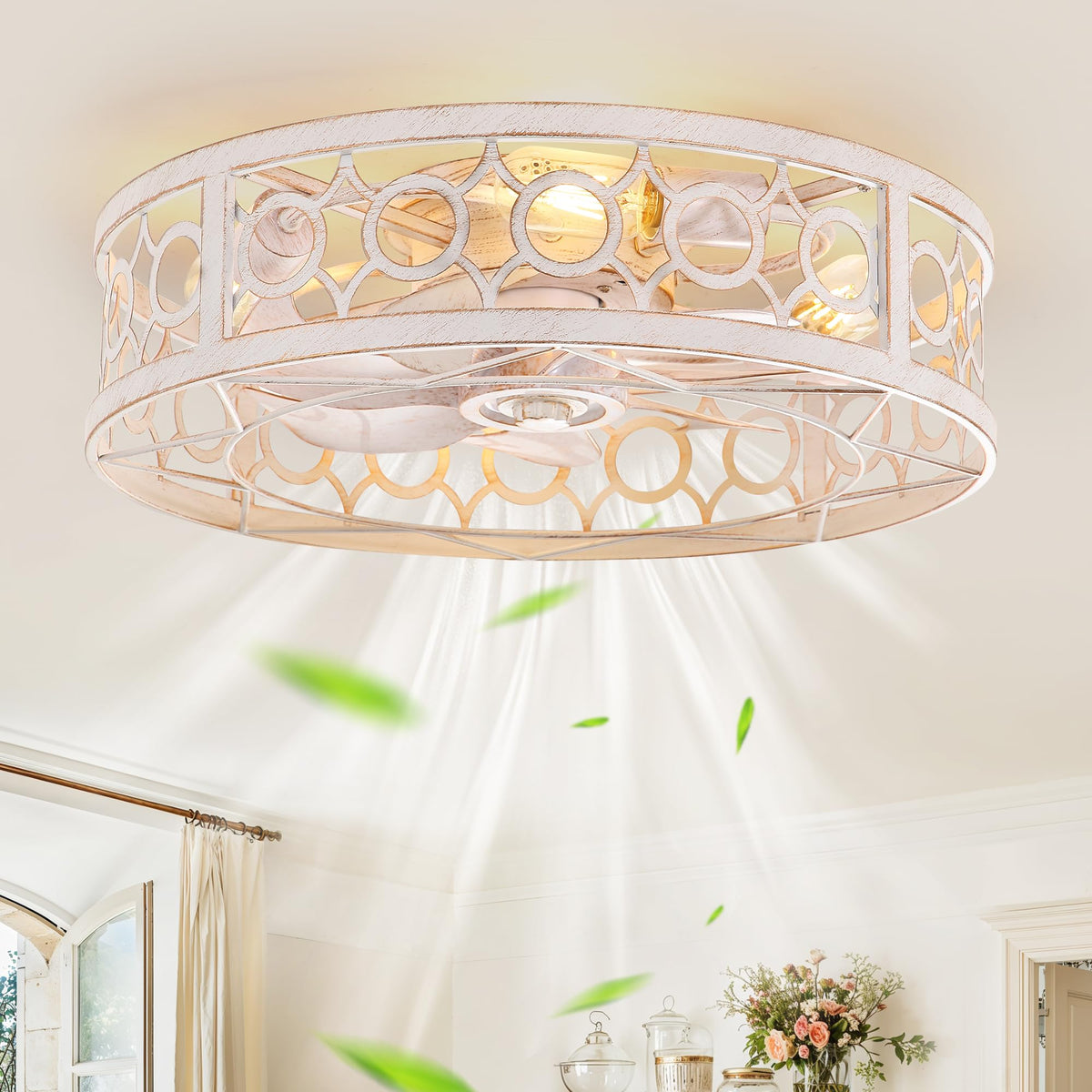 Lediary Caged Ceiling Fan With Light And Remote, 20In Small Low Profile Ceiling Fans With Lights, 6 Speed Farmhouse Flush Mount