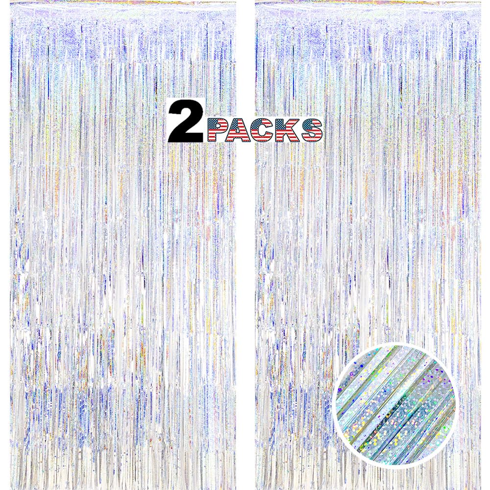 Glitter Silver Fringe Party Curtain  6.5X9.8 Feet, Pack Of 2 | Lilf Silver Tinsel Streamers Non Marking Tape Silver Foil Backdro