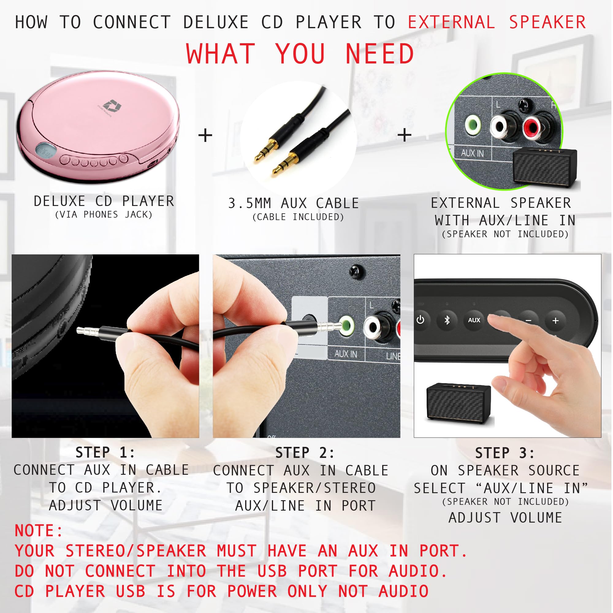 Deluxe Products Portable CD Player with 60s Anti-Skip, Stereo Earbuds, Aux Cable, Model DP-PCD-001-PK, Pink