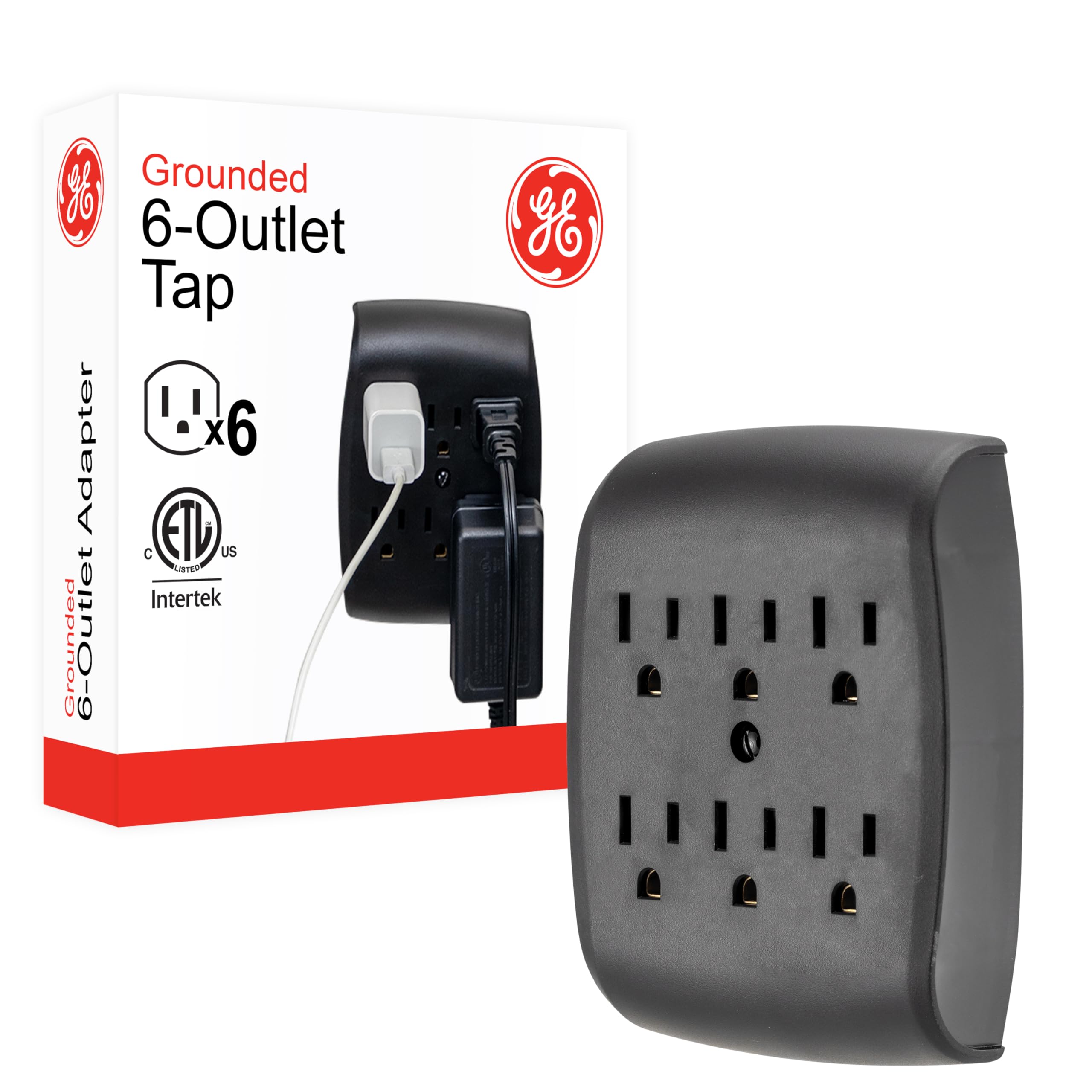Ge 6 Outlet Extender Wall Tap, Grounded Adapter, Charging Station, 3 Prong, Secure Install, Ul Listed, Black, 54840