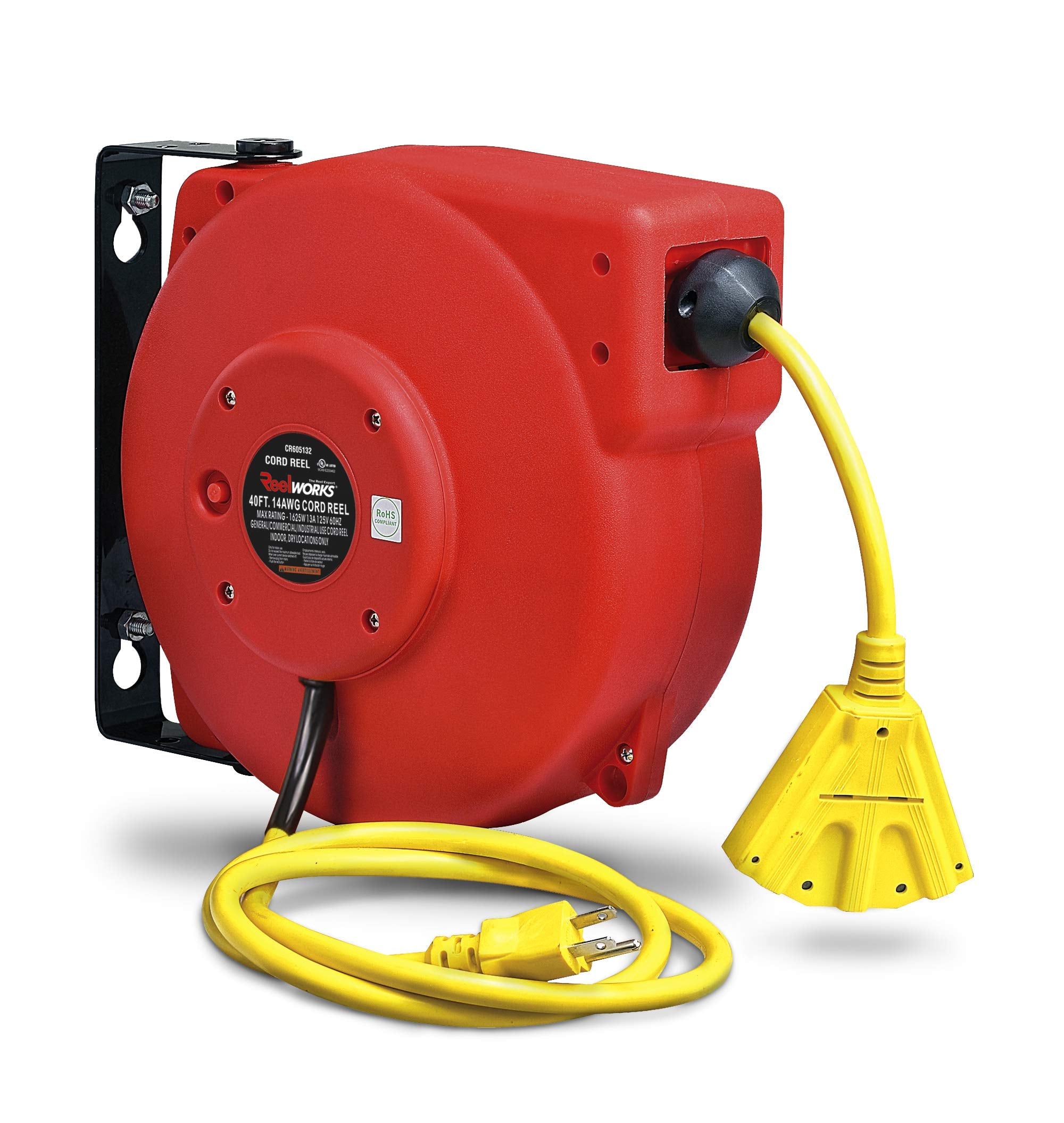 Reelworks Extension Cord Reel Retractable, 14Awg X 40' Ft 3C Sjt, Wall Mount Kit, 3 Outlet/Triple Tap Connector
