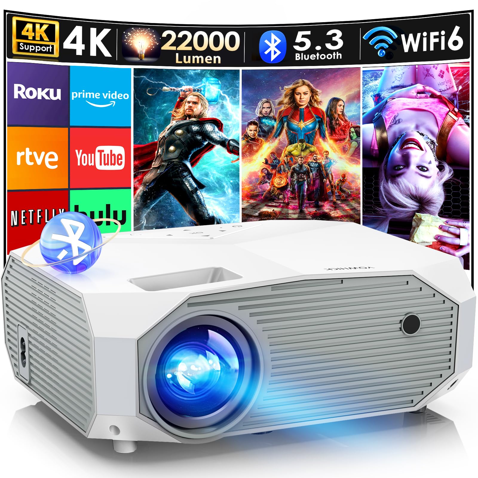 Yowhick 4K Projector With Wifi And Bluetooth, 20000L Native 1080P Outdoor Portable Movie Projector, Smart Video Projector, 50% Z