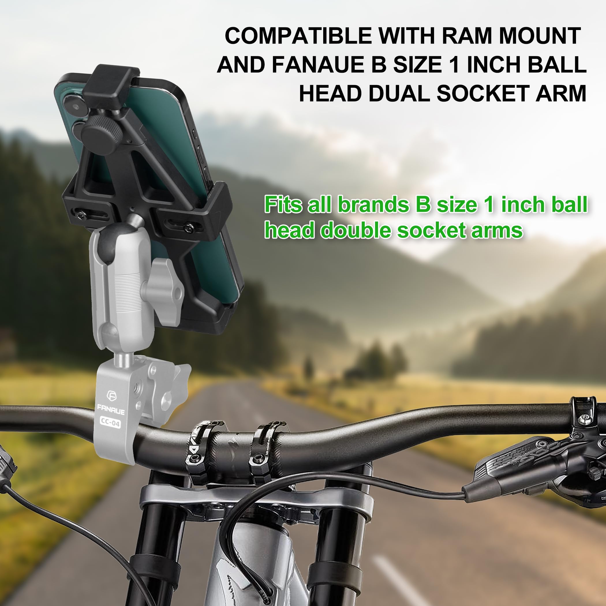 Fanaue Aluminum Motorcycle Phone Holder With 1'' Ball Head Adapter Compatible With Ram Mounts B Size Double Socket Arm & Bike Ph