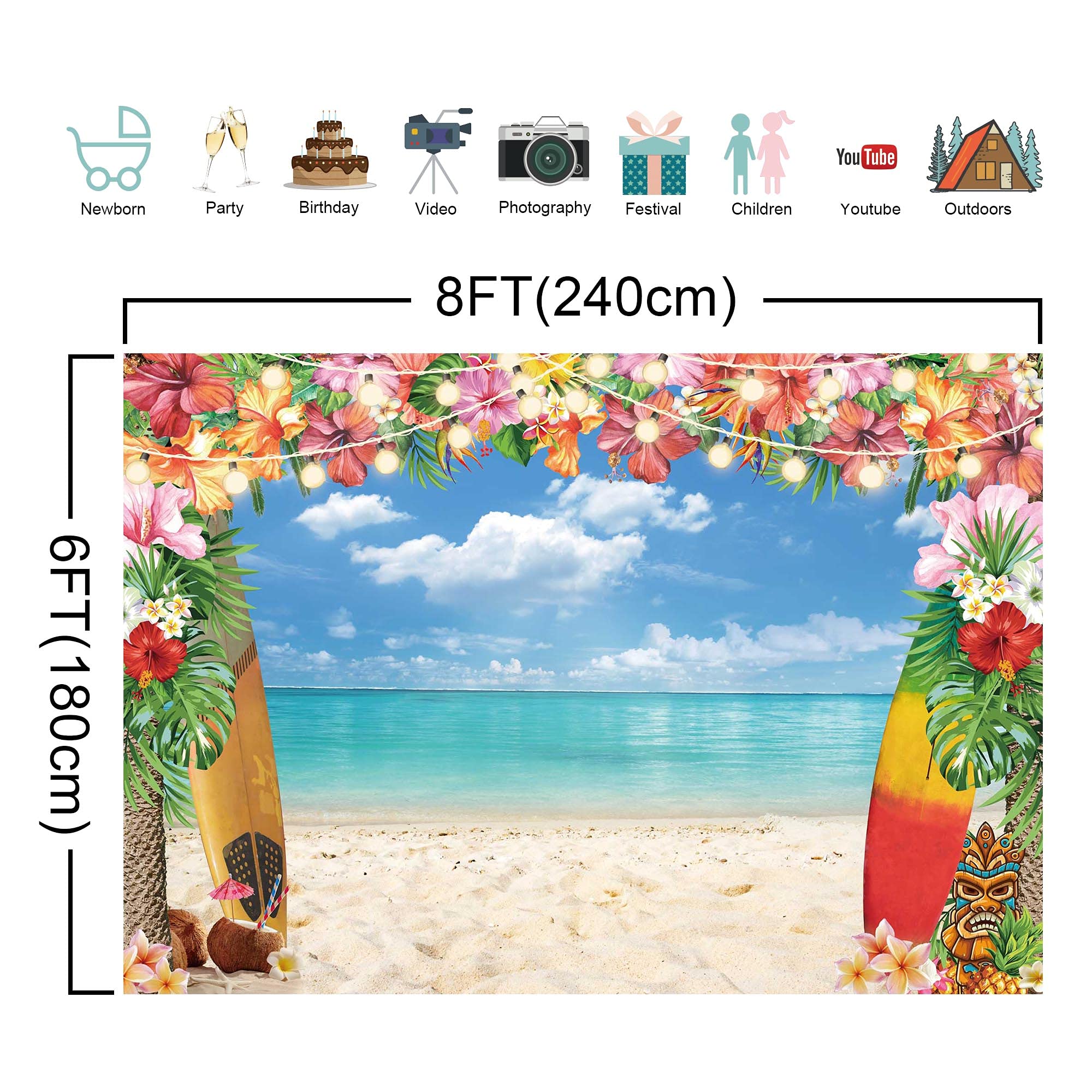 Livucee 8X6Ft Summer Hawaiian Beach Backdrop For Photography Tropical Flower Luau Aloha Backdrop Blue Sky Ocean Palm Leaves Back
