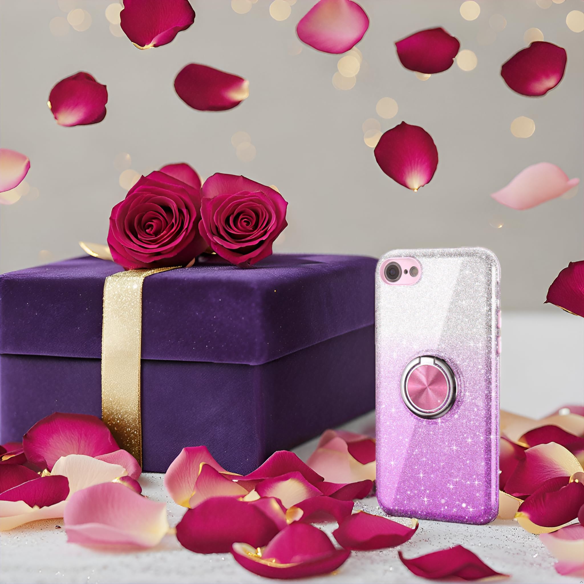 PeeTep iPhone SE 2020/SE 3/8/7 Glitter Phone Case Ring Holder Kickstand Magnetic Mount Shock-Absorbent Purple