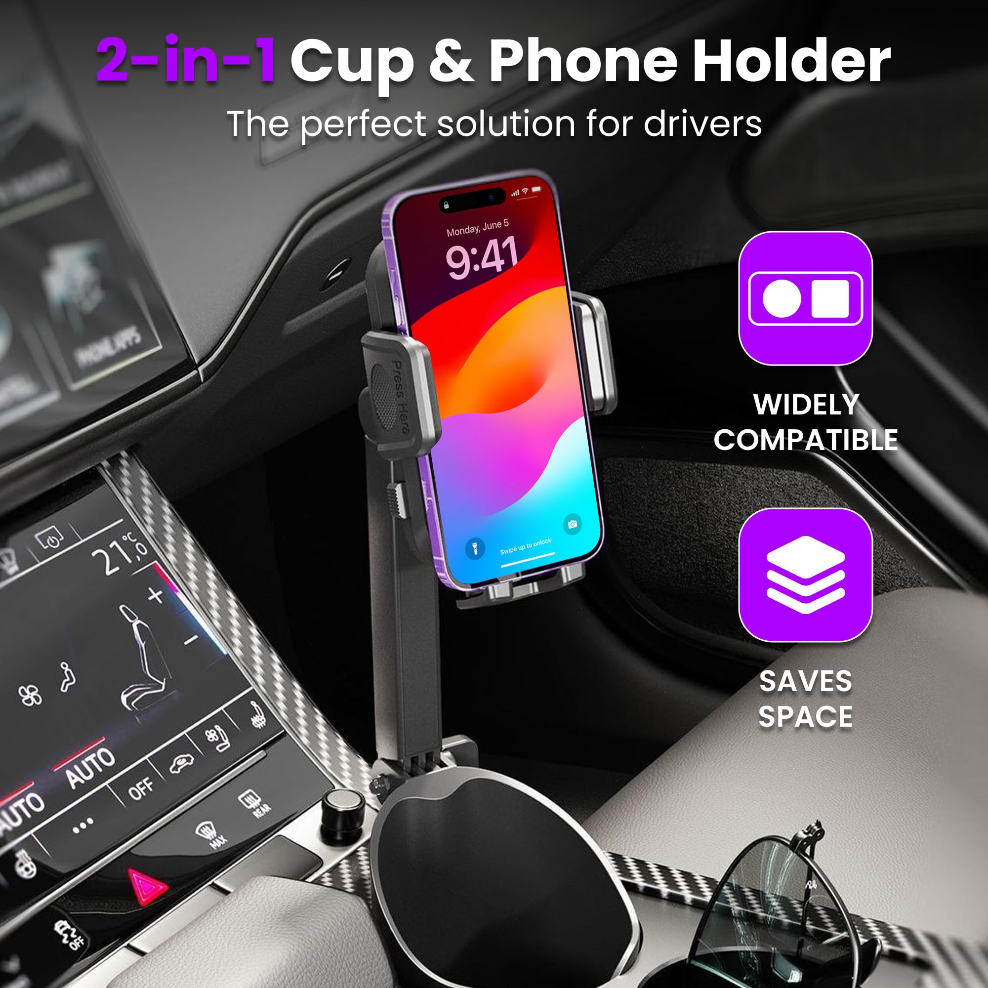2-In-1 Cup Holder Phone Holder For Your Car Bottle Friendly Cup Cell Phone Holder Mount For Car Height Adjustable Sturdy Fit 4-7