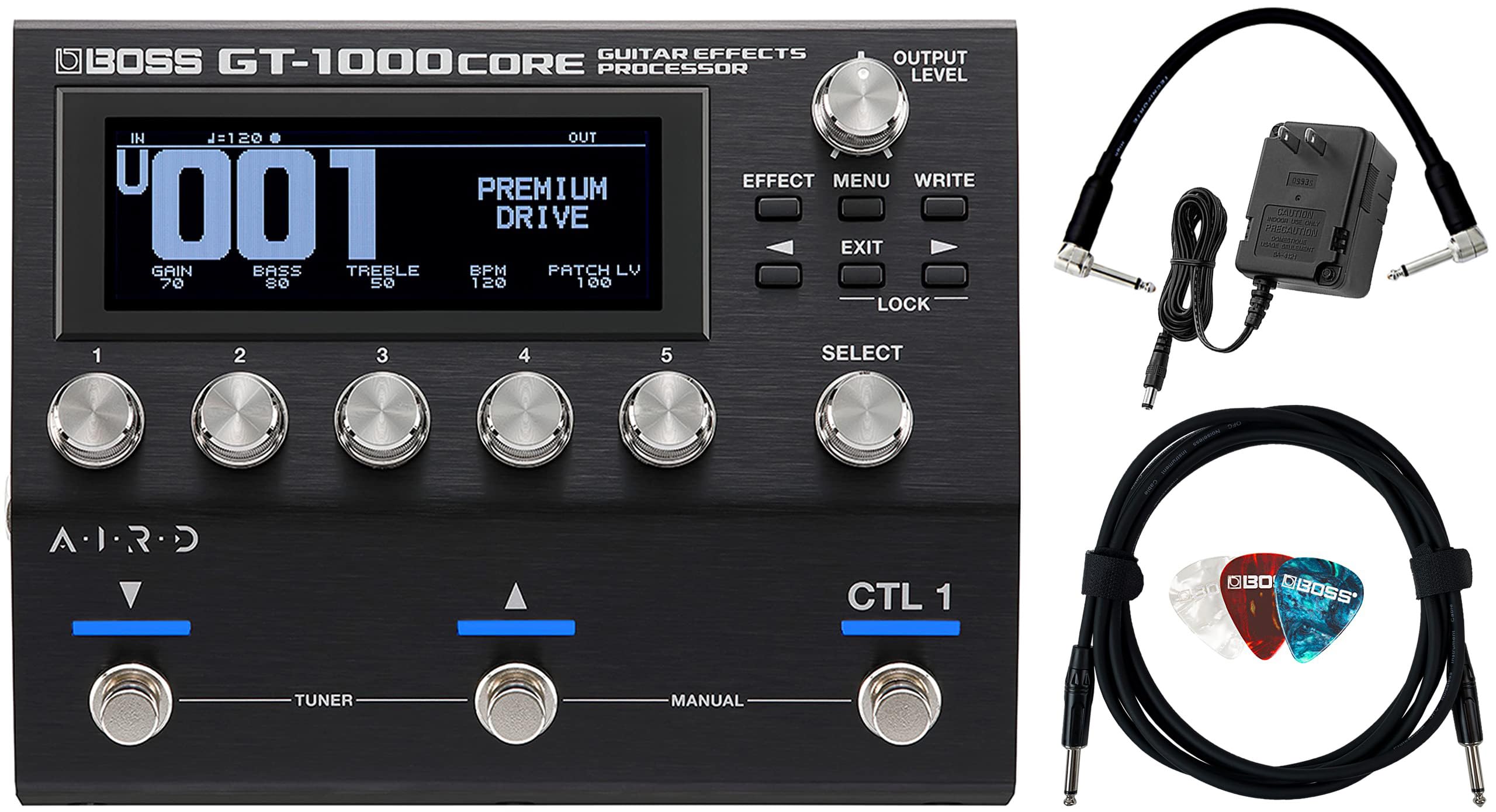 Boss Gt 1000Core Guitar Effects Processor Bundle With Power Supply, Instrument Cable, Patch Cable, And Picks