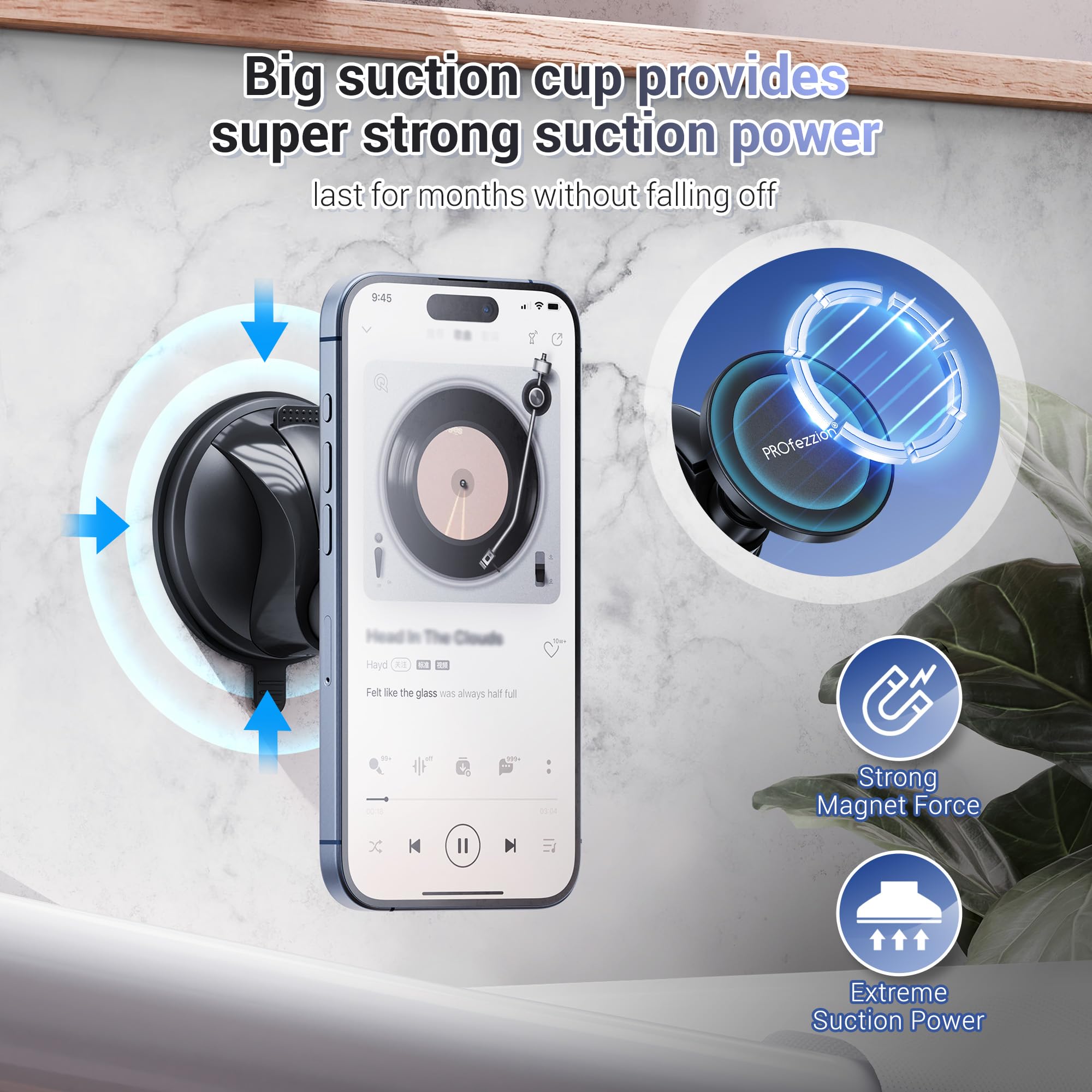 Profezzion Magnetic Shower Mirror Phone Holder Reusable Suction Cup Phone Mount Compatible With Iphone 16 15 14 13 12 & All Phon