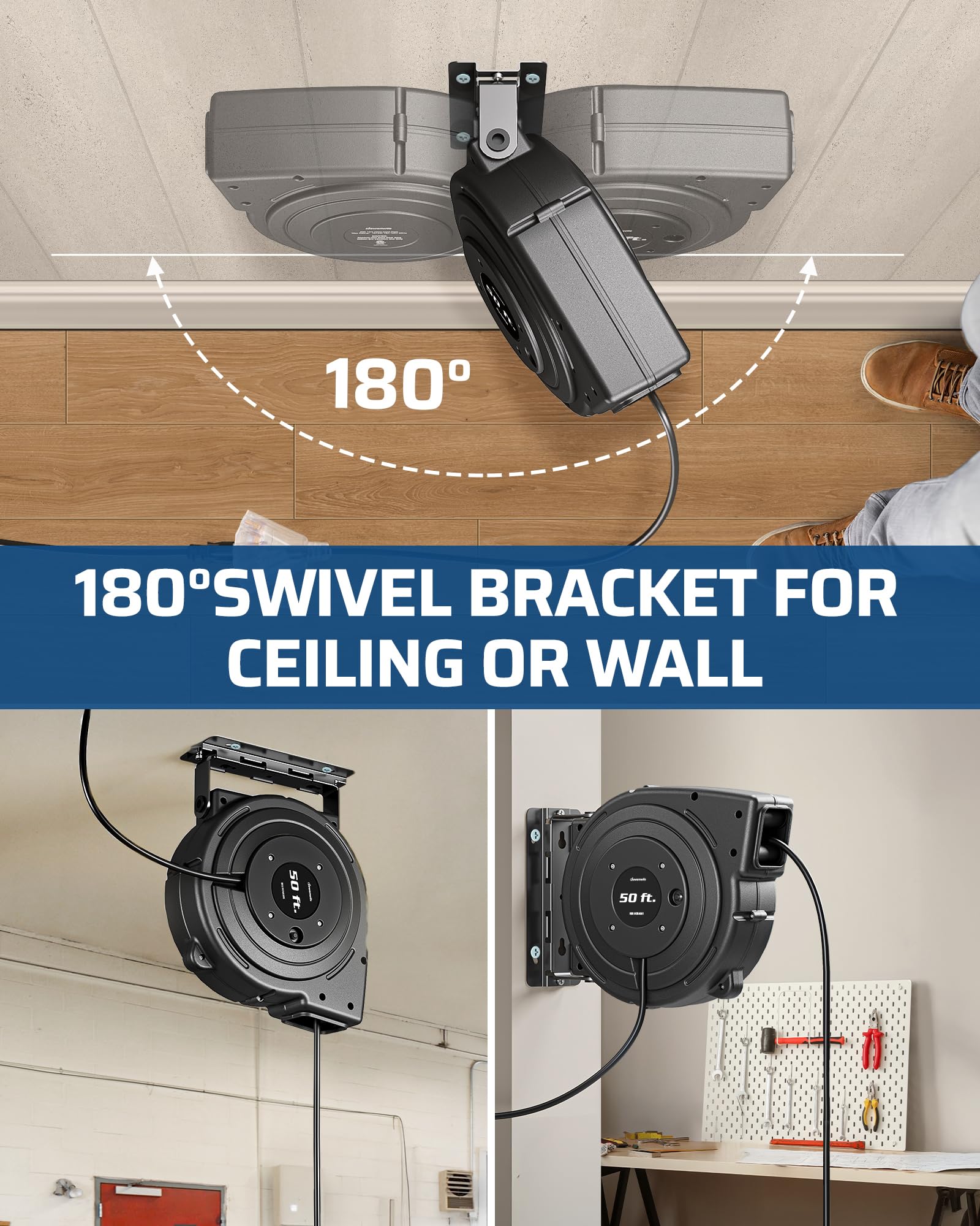 Dewenwils Retractable Extension Cord Reel, 50Ft Heavy Duty Power Cord, 14/3Awg Sjtow, Lighted Triple Tap Outlets, 13 Amp Circuit