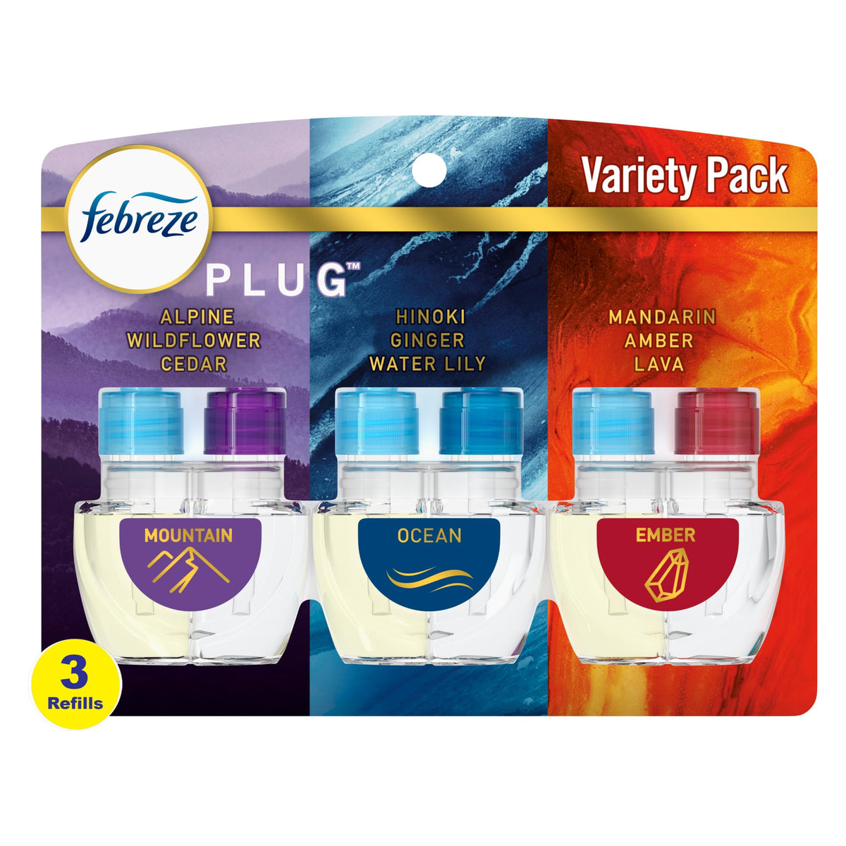 Febreze Odor Fighting Fade Defy Plug Air Freshener, Mountain, Ocean, Amber, (3) .87 Fl. Oz. Oil Refills  Pack Of 3