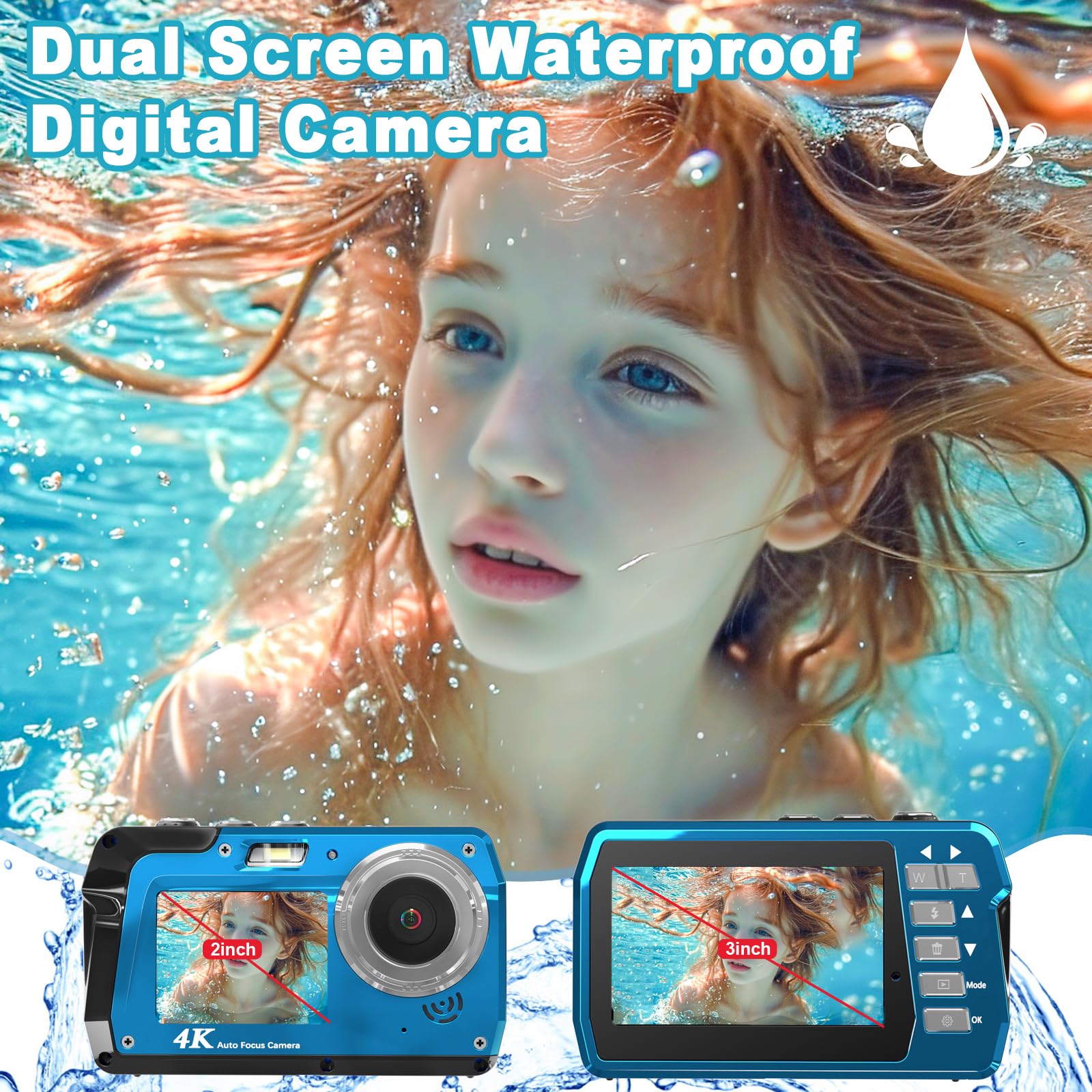 Waterproof Digital Camera, Underwater Camera With 32Gb Card(Installed), 4K Fhd 48Mp Dual Screen Selfie Under Water Camera For Ph