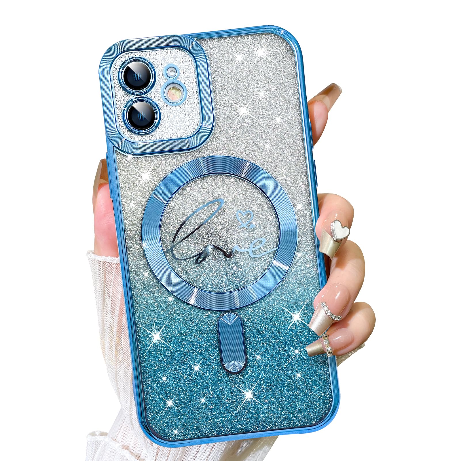 Fiyart Designed For Iphone 11 Case,Compatible With Magsafe Love Heart Plating Camera Protection Clear Phone Case, Magnetic Glitt