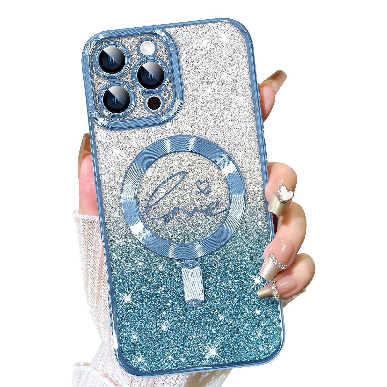 Fiyart Designed For Iphone 16 Pro Case,Compatible With Magsafe Love Hearts Plating Camera Protection Clear Phone Case, Magnetic