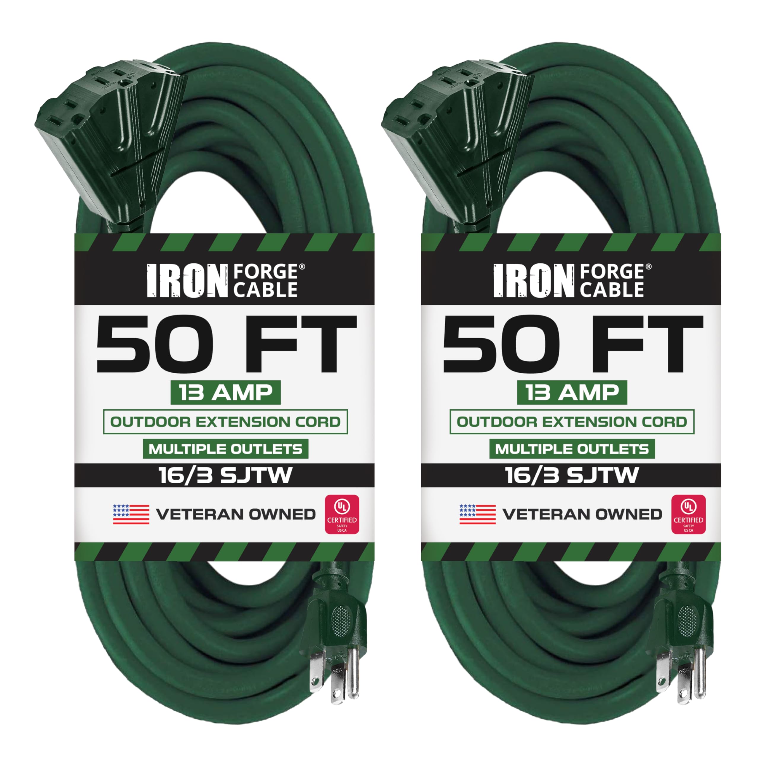 Iron Forge Cable 3 Outlet Outdoor Extension Cord 50 Ft, 2 Pack, 16/3 Heavy Duty Green Extension Cord With Multiple Outlets 3 Pro