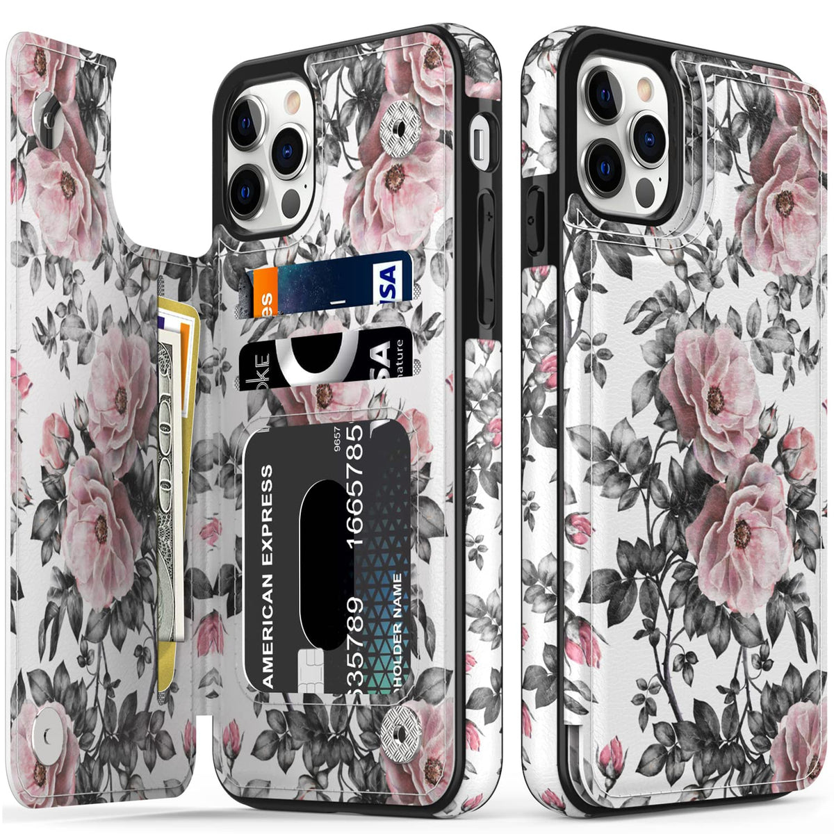 Leto Iphone 13 Pro Case,Luxury Flip Folio Leather Wallet Case Cover With Fashion Designs For Girls Women,Built-In Card Slots Kic