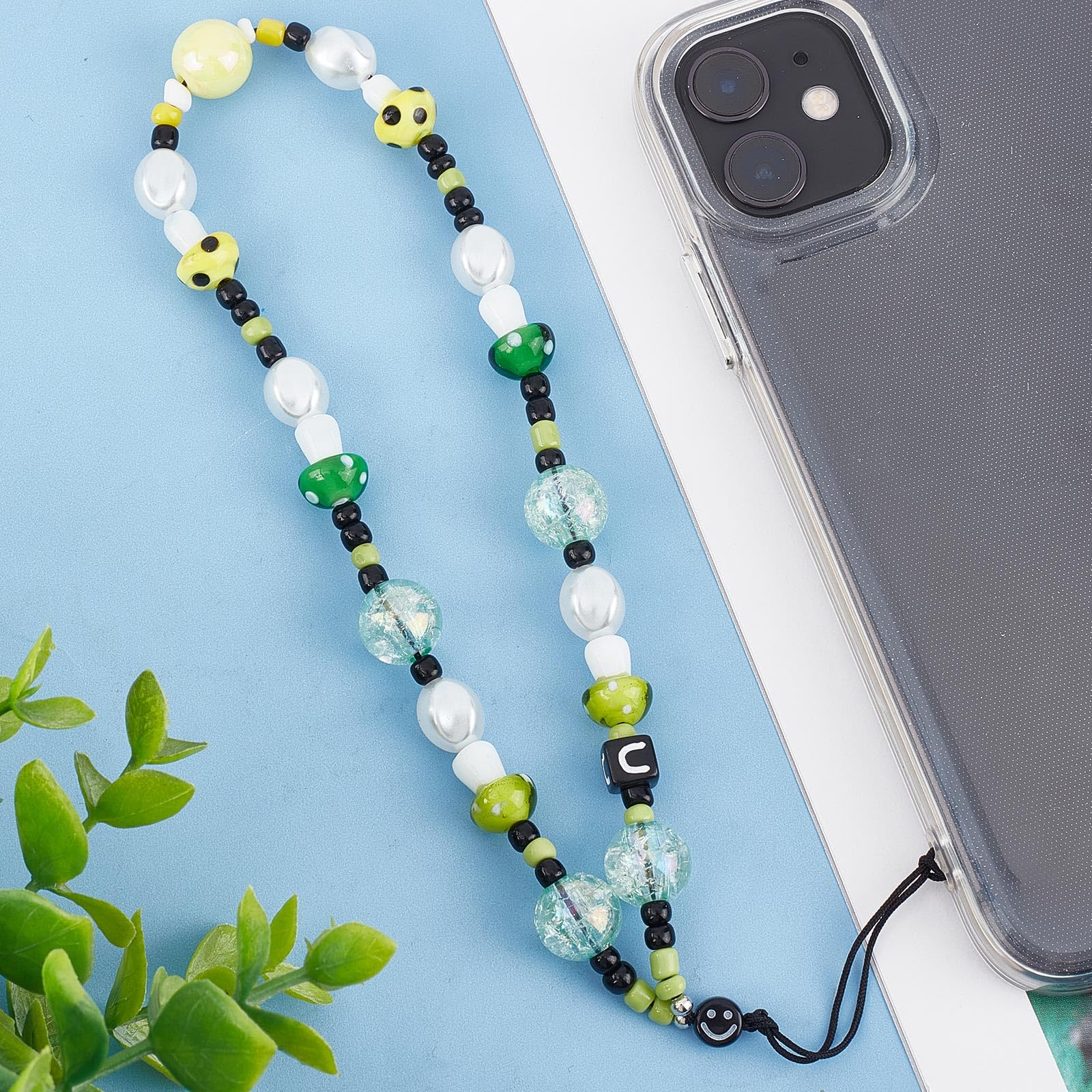 Gorgecraft 9.4 Inch Green Yellow Mushroom Beaded Phone Charm Strap Detachable Phones Anti Lost Chain Hands Free Wrist Straps Cel