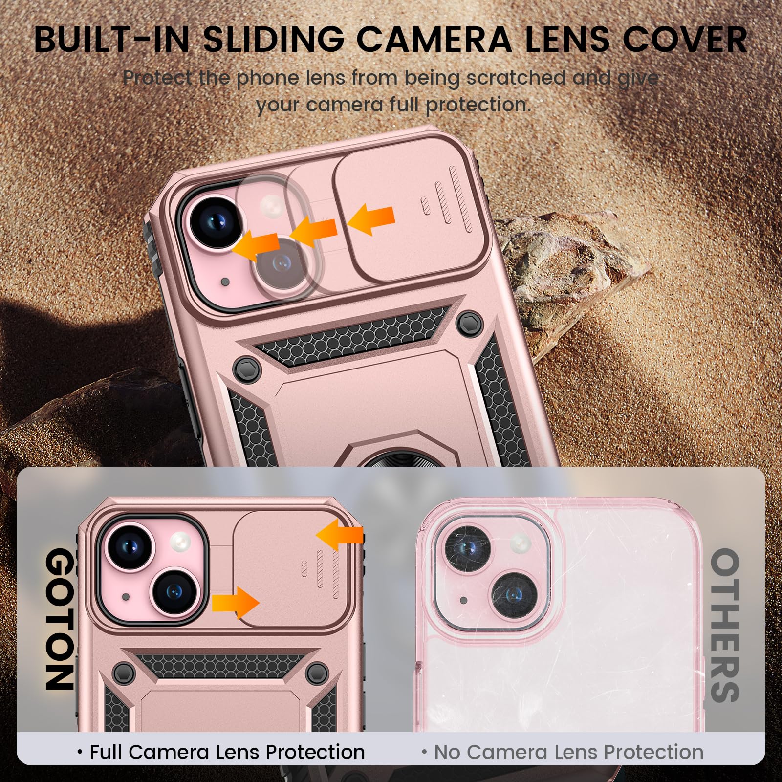 Goton For Iphone 15 Plus Case With Screen Protector   Slide Camera Cover Protective Phone Case With Ring Stand, Heavy Duty Shock
