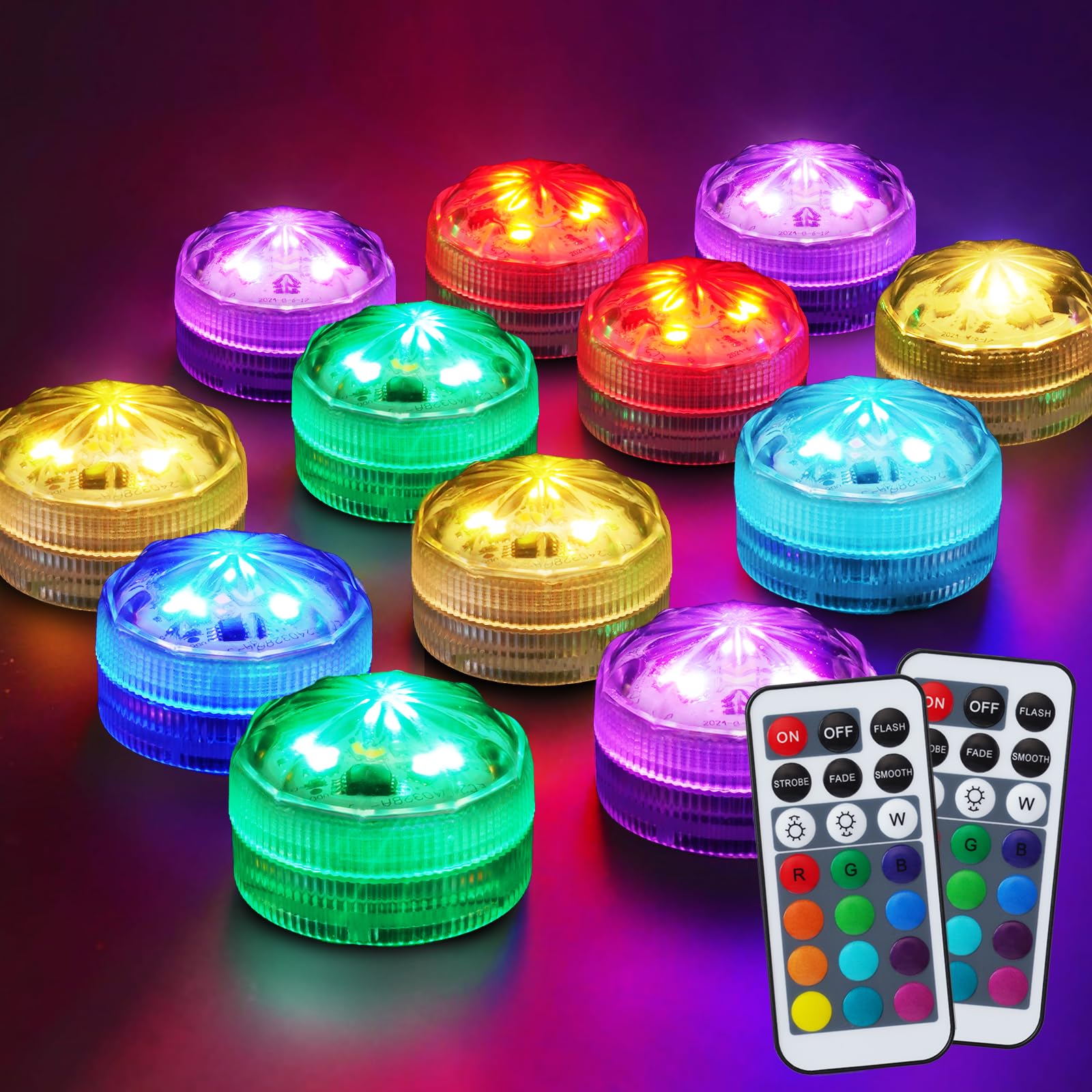 Homemory 10Pcs Mini Rgb Submersible Led Lights With 2Pack Remote, Multicolor Waterproof Small Tealight Candles Battery Operated