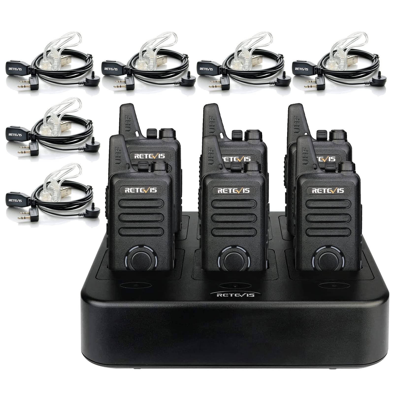 Retevis Rt22S 2 Way Radios Rechargeable,Long Range Walkie Talkies With Earpiece And Mic Set,Channel Display,Signal Prompt,Handsfree Portable Two Way Radio(6 Pack) With 6 Way Multi Gang Charger