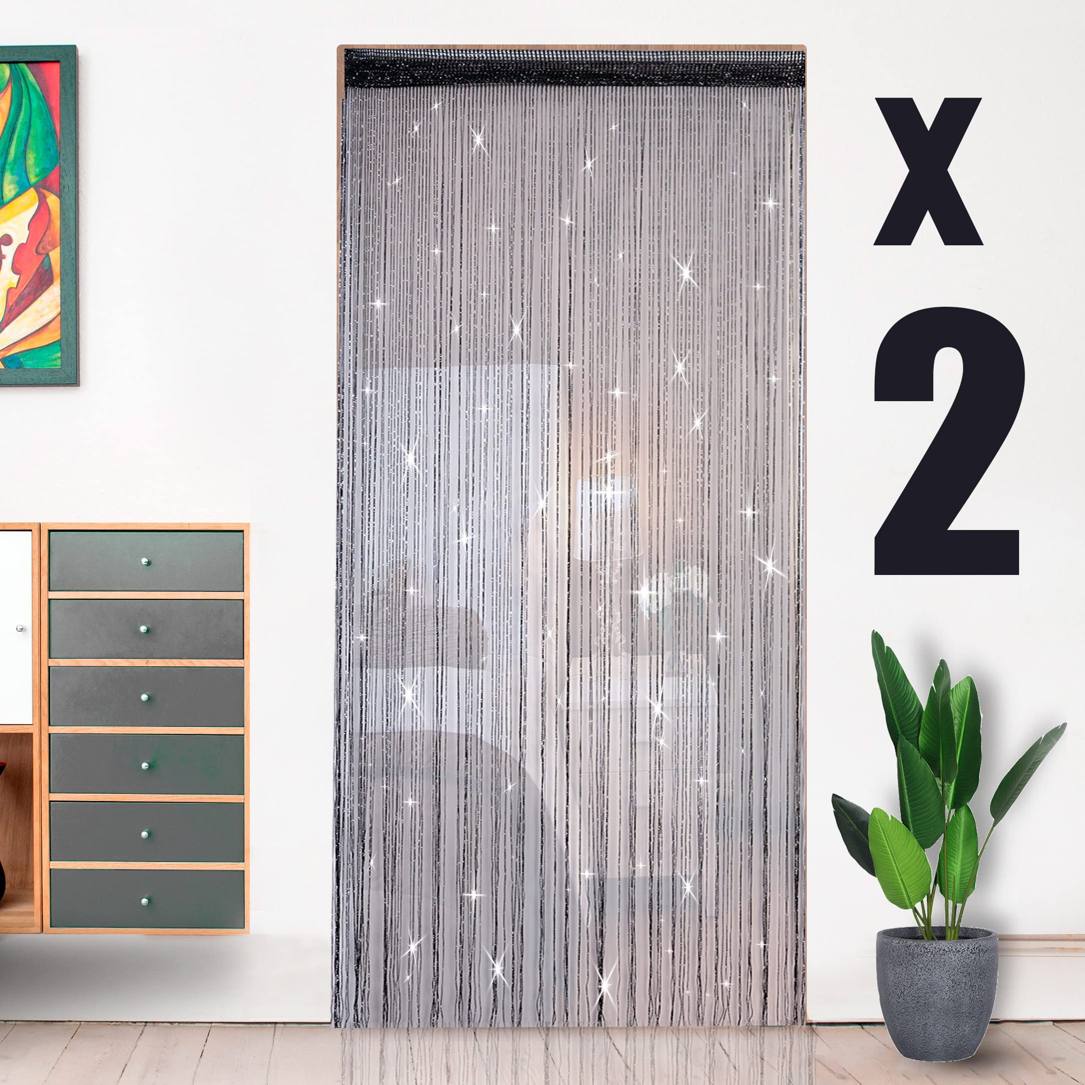 Hysenm 2 Pack Glitter String Curtains 39X79 Inch Fringe Panels Room Divider Fly Screen For Home D  Cor Door Windows Wedding Part