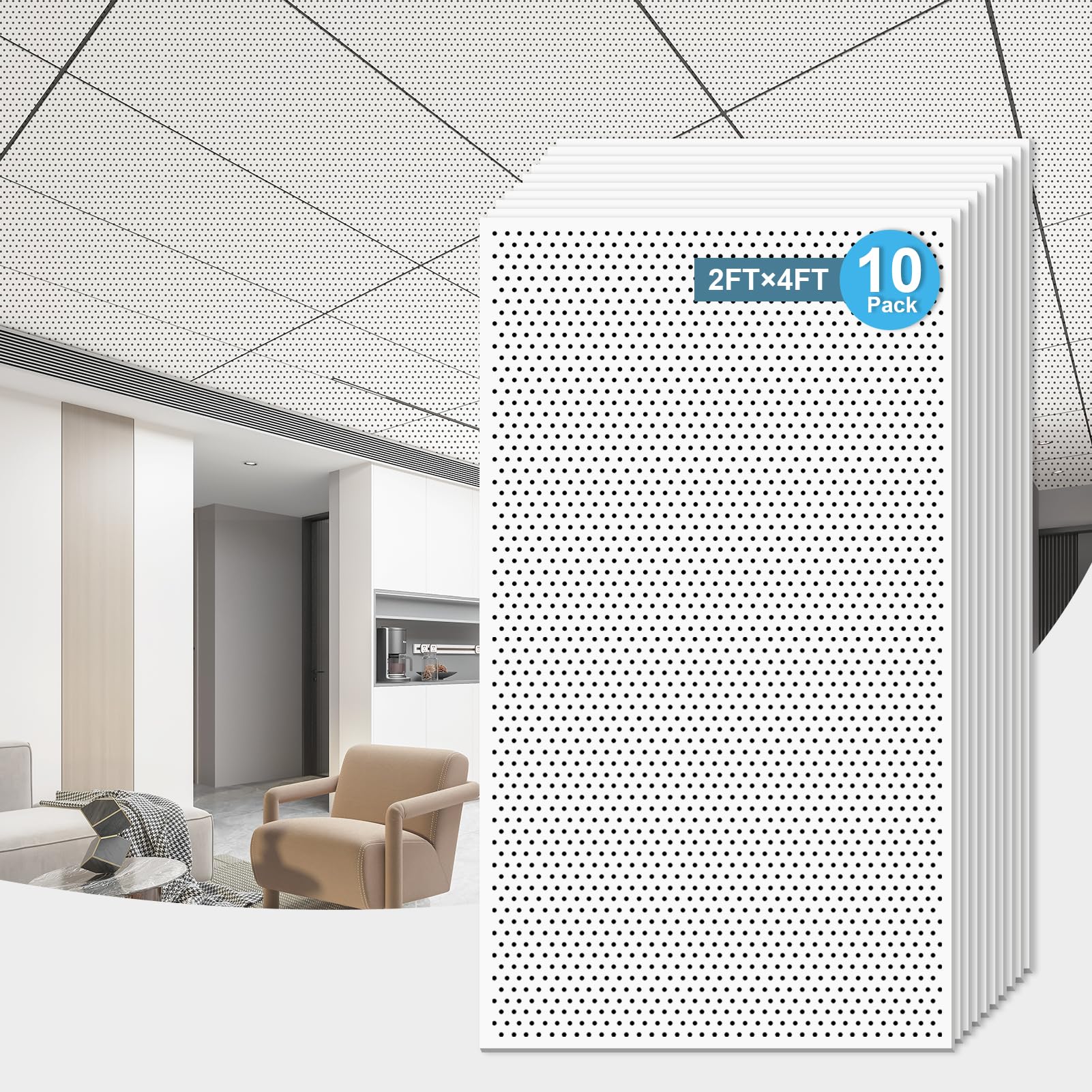 Art3D Acoustic Drop Ceiling Tiles 24X48 10 Pack, Soundproof Panels 2X4Ft For Wall Coverings, White