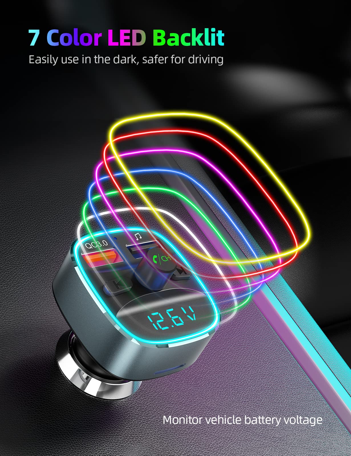 Nulaxy Bluetooth Fm Transmitter For Car,Bluetooth Car Adapter With Dual Usb Charging Car Charger Mp3 Player Support Tf Card & Usb Disk,Hands Free Calling,7 Colors Led Backlit Light Gray