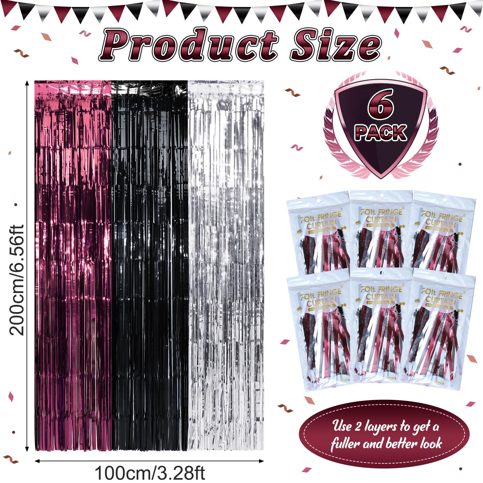 6 Pack 3.3Ft X 6.6Ft Graduation Foil Fringe Curtain Backdrop Decorations, Maroon Black Silver Metallic Tinsel Foil Streamers Cur